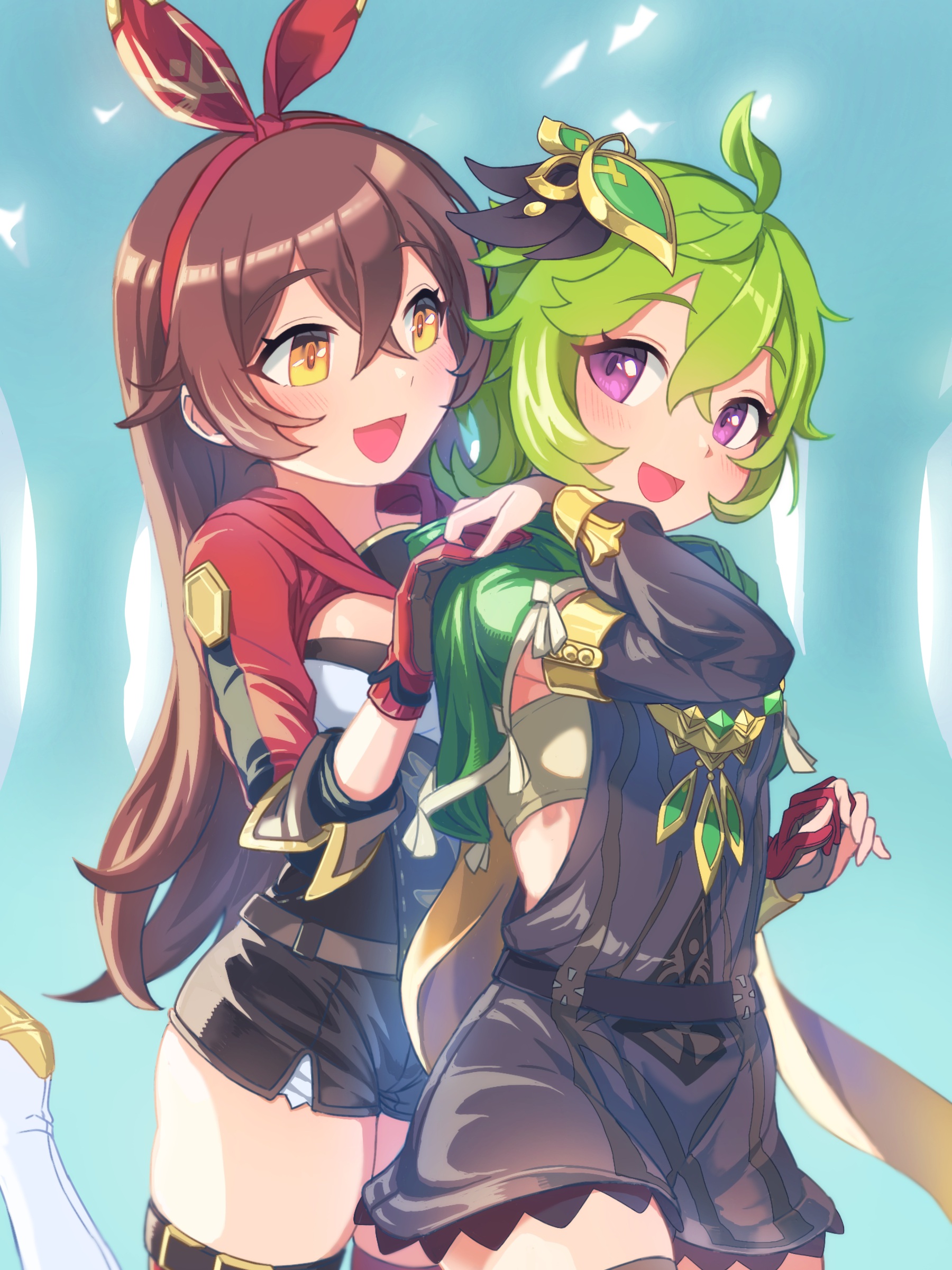 mochihuman, amber (genshin impact), collei (genshin impact), genshin impact, absurdres, commentary request, highres, 2girls, :d, ahoge, black bridal gauntlets, black corset, black dress, black shorts, black sleeves, blurry, blurry foreground, blush, boots, bra, bridal gauntlets, brown hair, corset, cowboy shot, crossed bangs, detached sleeves, dress, forest, gloves, green bra, hair between eyes, hair ornament, hair ribbon, hand on another's shoulder, holding hands, hood, hooded jacket, jacket, leg up, long hair, looking at another, medium hair, multiple girls, nature, open mouth, outdoors, purple eyes, red gloves, red jacket, red ribbon, ribbon, scarf, short shorts, shorts, sidelocks, smile, thighs, underwear, very long hair, white boots, yellow eyes, yellow scarf