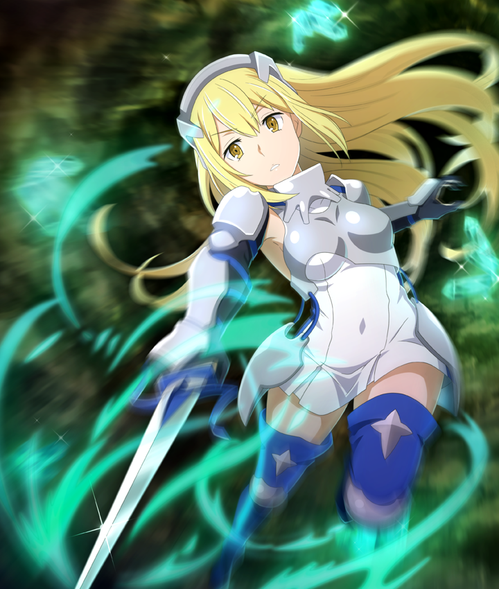 aiz wallenstein, dungeon ni deai wo motomeru no wa machigatteiru darou ka, toji no miko, toji no miko: kizamishi issen no tomoshibi, game cg, official art, third-party source, 1girl, arm armor, armor, blonde hair, blue boots, boots, breastplate, breasts, cave, crystal, diffraction spikes, dress, floating hair, glint, headgear, holding, holding sword, holding weapon, incoming attack, long hair, medium breasts, parted lips, short dress, solo, sparkle, sword, teeth, thigh boots, thighhighs, weapon, white dress, yellow eyes, zettai ryouiki