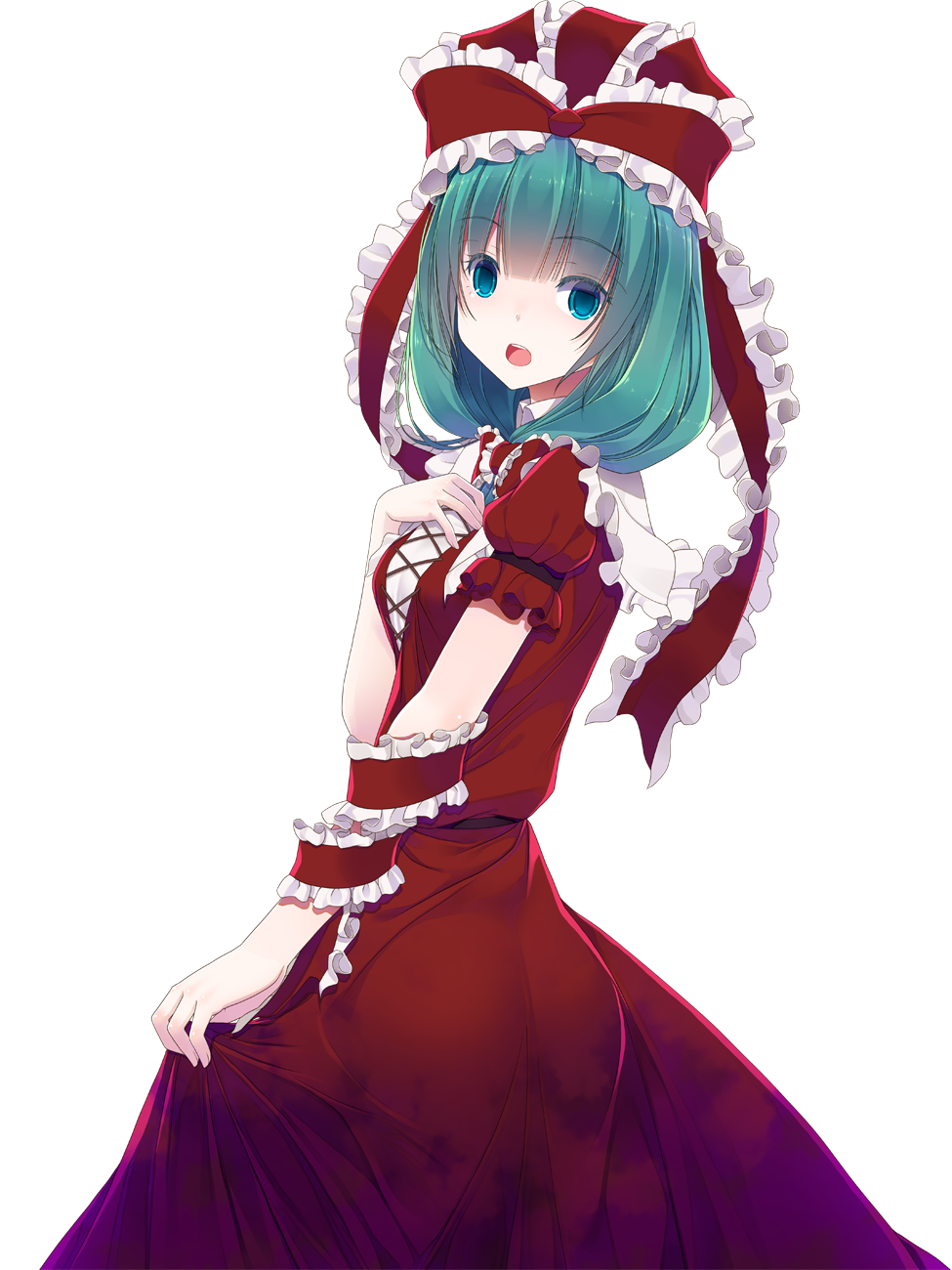crote, kagiyama hina, touhou, commentary request, highres, large variant set, variant set, 1girl, cowboy shot, dress, frilled ribbon, frilled sleeves, frills, from side, front ponytail, green eyes, green hair, hair ribbon, hand on own chest, hand up, long dress, long hair, looking at viewer, open mouth, puffy short sleeves, puffy sleeves, raised eyebrows, red dress, red ribbon, ribbon, short sleeves, skirt hold, solo, standing, teeth, transparent background, turning head, upper teeth only, wide-eyed