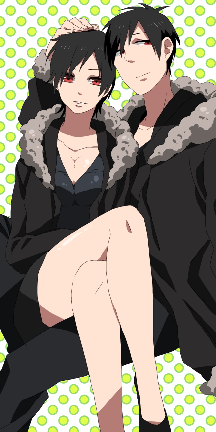 tsuneyasu, orihara izaya, durarara!!, bad id, bad pixiv id, gender request, 1boy, 1girl, black dress, black hair, breasts, cleavage, coat, dress, dual persona, genderswap, large breasts, red eyes, short hair
