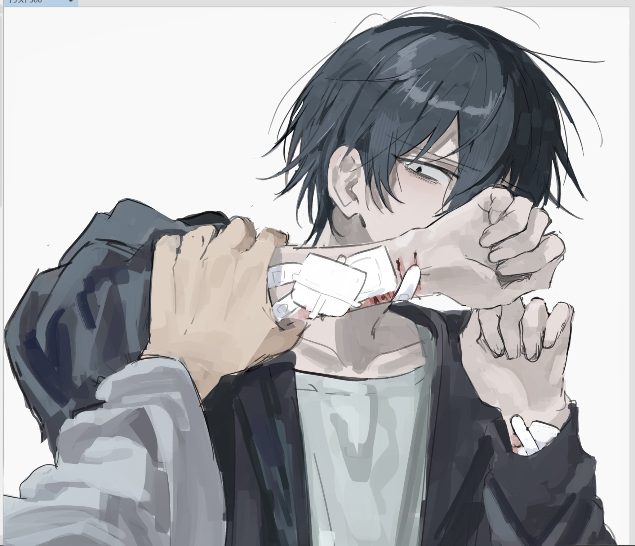 original, highres, 1boy, 1other, bandaid, bandaid on arm, black eyes, black hair, black jacket, gauze, gauze on arm, grabbing another's arm, hands up, jacket, long sleeves, looking at viewer, male focus, parted bangs, pov, self-harm, short hair, simple background, sini user, solo focus, white background, wrist cutting