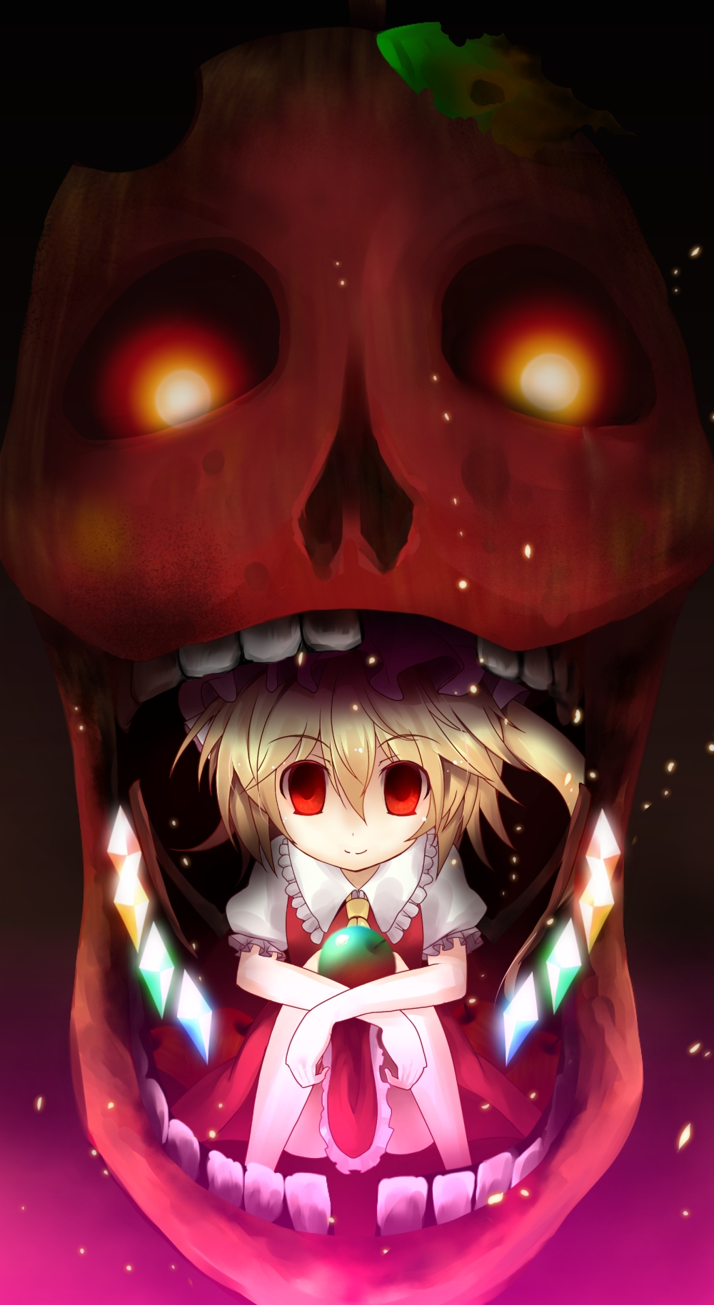 bell (artist), bell (oppore coppore), flandre scarlet, embodiment of scarlet devil, touhou, bad id, bad pixiv id, highres, 1girl, apple, ascot, blonde hair, empty eyes, female focus, food, fruit, hat, leaf, ponytail, puffy sleeves, red eyes, short hair, short sleeves, side ponytail, skirt, skull, solo, teeth, wings