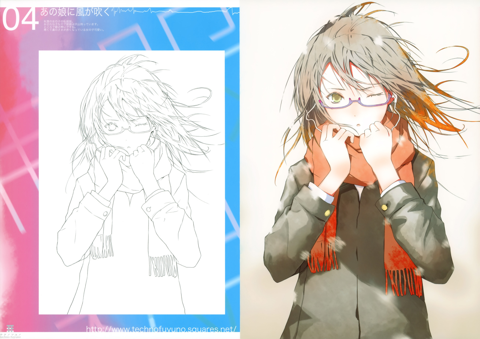 fuyuno haruaki, techno fuyuno, highres, glasses, headphones, scarf