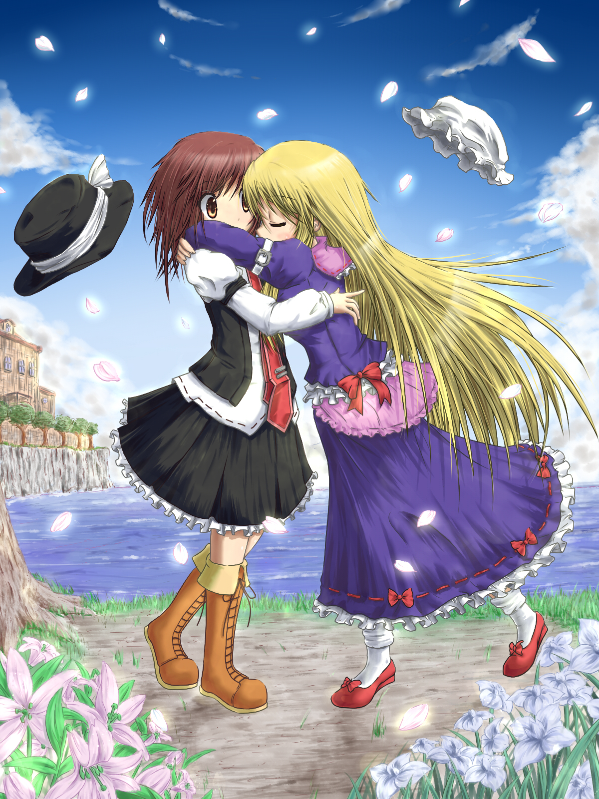 fushigi ebi, maribel hearn, usami renko, ghostly field club, touhou, bad id, bad pixiv id, highres, 2girls, blonde hair, boots, brown hair, closed eyes, female focus, flower, hat, hug, mob cap, multiple girls, necktie, orange eyes, petals