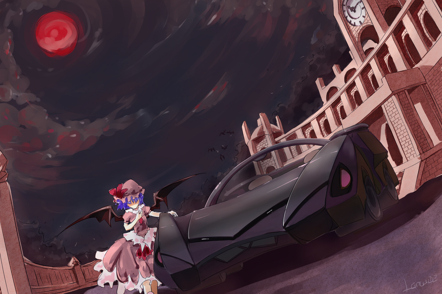 lanwee, remilia scarlet, touhou, 1girl, bat wings, car, female focus, full moon, hat, moon, motor vehicle, outdoors, purple hair, red moon, short hair, sky, solo, vehicle focus, wings