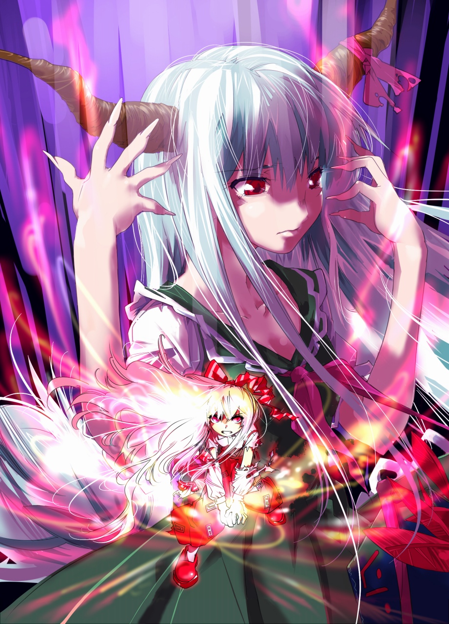 kuruwa (artist), teoshiguruma, ex-keine, fujiwara no mokou, kamishirasawa keine, touhou, silver hair, highres, 2girls, collarbone, dress, female focus, fire, green dress, horns, multiple girls, neckerchief, puffy short sleeves, puffy sleeves, red eyes, sailor dress, short sleeves