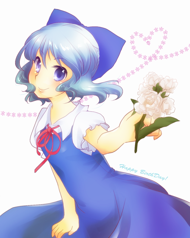 sen1986, cirno, embodiment of scarlet devil, touhou, blouse, blue eyes, blue hair, bow, collared shirt, dress, english text, flower, hair between eyes, hair bow, pinafore dress, shirt, short hair, sleeveless dress, smile, solo, white shirt