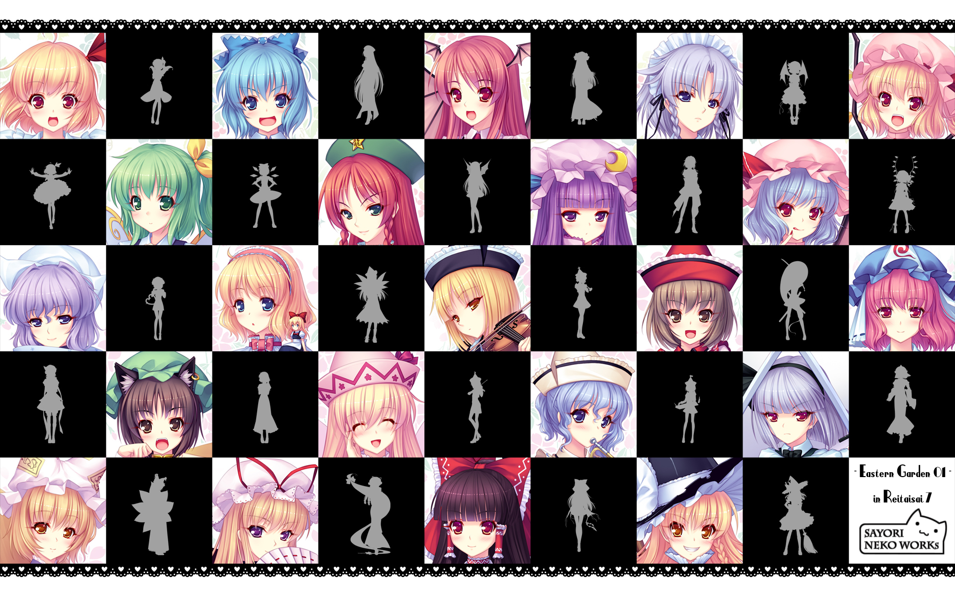 sayori (neko works), alice margatroid, chen, cirno, daiyousei, flandre scarlet, hakurei reimu, hong meiling, izayoi sakuya, kirisame marisa, koakuma, konpaku youmu, konpaku youmu (ghost), letty whiterock, lily white, lunasa prismriver, lyrica prismriver, merlin prismriver, patchouli knowledge, remilia scarlet, rumia, saigyouji yuyuko, shanghai doll, yakumo ran, yakumo yukari, touhou, silver hair, bad id, bad pixiv id, highres, >:), >:d, 6+girls, :<, :d, :o, :q, ahoge, animal ears, ascot, asymmetrical hair, bat wings, blonde hair, blue eyes, blue hair, blunt bangs, blush, bow, braid, broom, brown eyes, brown hair, cat ears, cat tail, crescent, dual wielding, earrings, english text, everyone, expressionless, fairy wings, finger to mouth, folding fan, fox tail, frills, gap (touhou), green eyes, green hair, grin, hair bow, hair ribbon, hair tubes, hairband, hand fan, hand on own cheek, hand on own face, hat, hat bow, hat ribbon, head wings, heart, heart tail, holding, instrument, jewelry, keyboard (instrument), long hair, maid, maid headdress, multiple girls, multiple tails, necktie, open mouth, orange eyes, outstretched arms, paw pose, pink hair, purple eyes, purple hair, red eyes, red hair, ribbon, short hair, side ponytail, silhouette, smile, spread arms, star (symbol), sword, tail, tongue, tongue out, trumpet, twin braids, v-shaped eyebrows, very long hair, vest, violin, weapon, wings, witch hat, yellow eyes