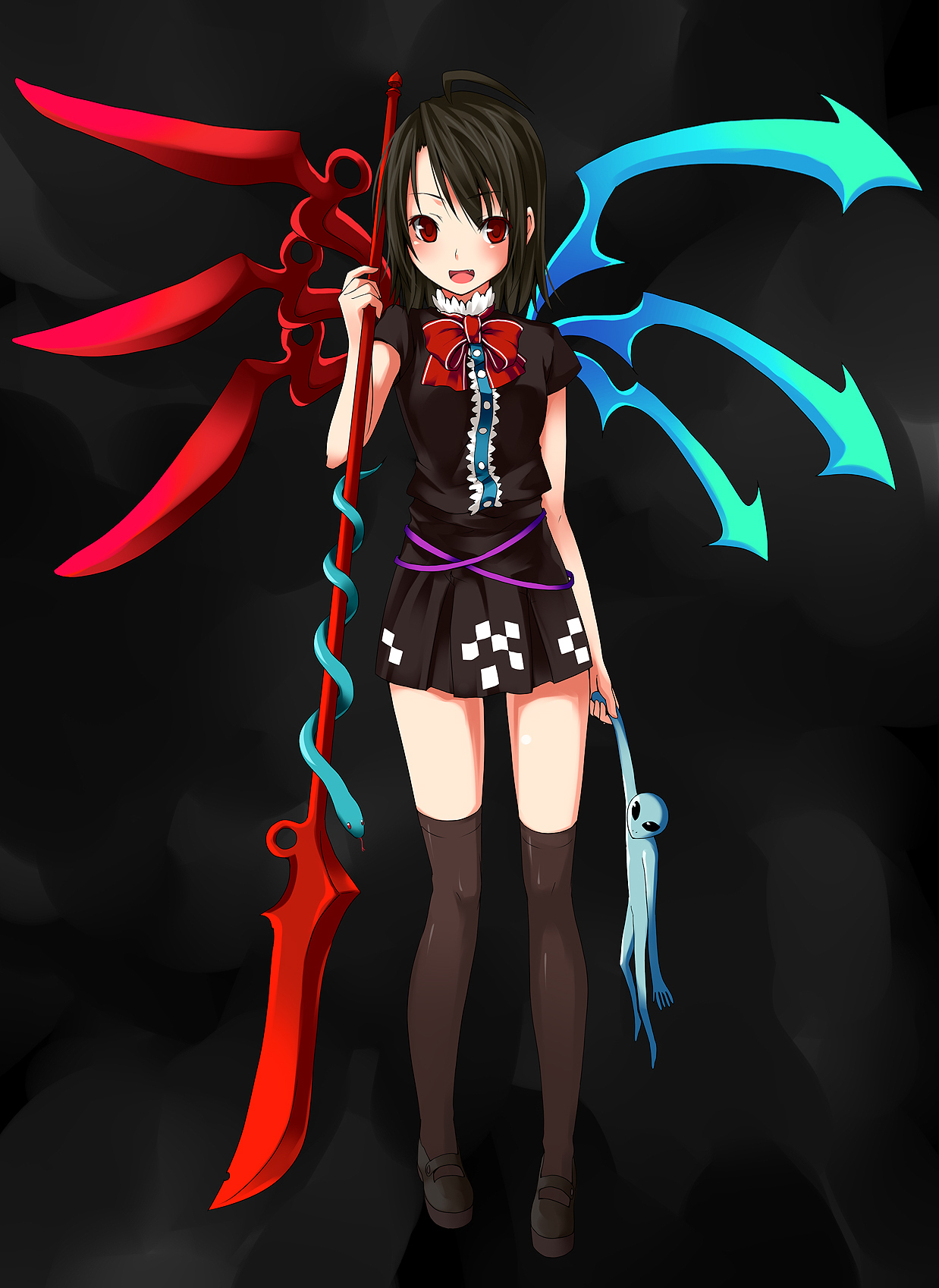 unasaka ryou, houjuu nue, touhou, highres, 1girl, alien, alternate weapon, asymmetrical wings, black hair, black thighhighs, dress, female focus, grey alien, legs, polearm, red eyes, short hair, snake, solo, thighhighs, weapon, wings