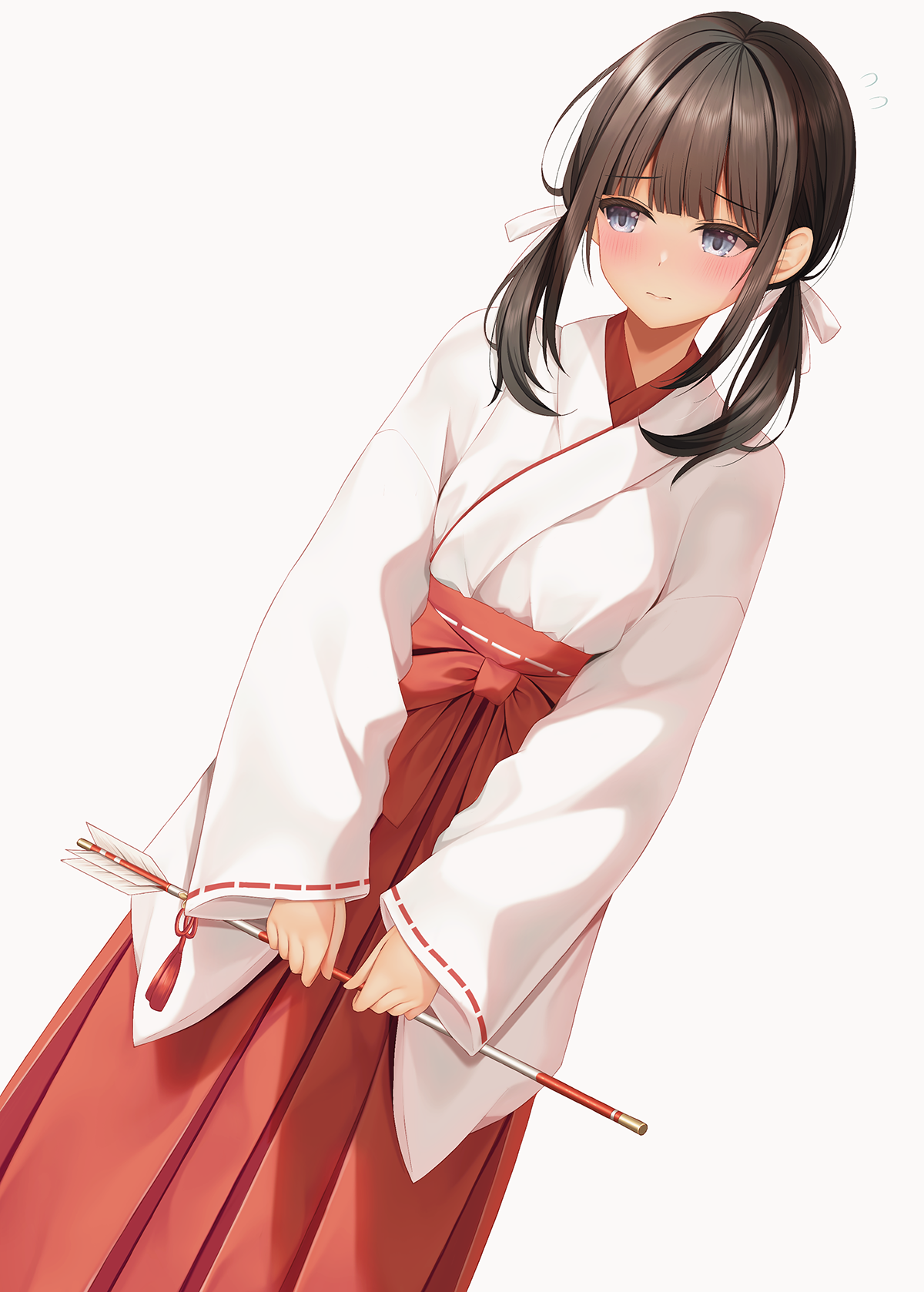 minato ojitan, original, commentary request, highres, 1girl, arrow (projectile), blue eyes, blush, bow, brown hair, closed mouth, dutch angle, flying sweatdrops, grey background, hair bow, hakama, hakama skirt, hamaya, holding, holding arrow, japanese clothes, kimono, long hair, long sleeves, looking to the side, low twintails, miko, red hakama, ribbon-trimmed sleeves, ribbon trim, simple background, skirt, sleeves past wrists, solo, tan, twintails, white bow, white kimono, wide sleeves