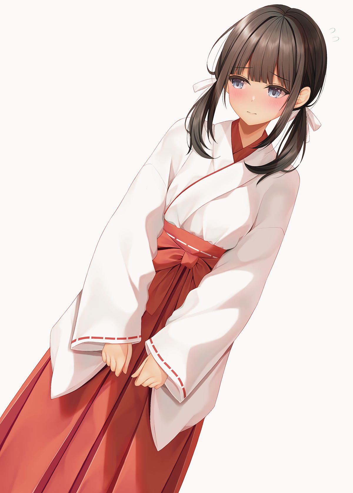 minato ojitan, original, commentary request, highres, 1girl, blue eyes, blush, bow, brown hair, closed mouth, dutch angle, flying sweatdrops, grey background, hair bow, hakama, hakama skirt, japanese clothes, kimono, long hair, long sleeves, looking to the side, low twintails, miko, red hakama, ribbon-trimmed sleeves, ribbon trim, simple background, skirt, sleeves past wrists, solo, tan, twintails, white bow, white kimono, wide sleeves
