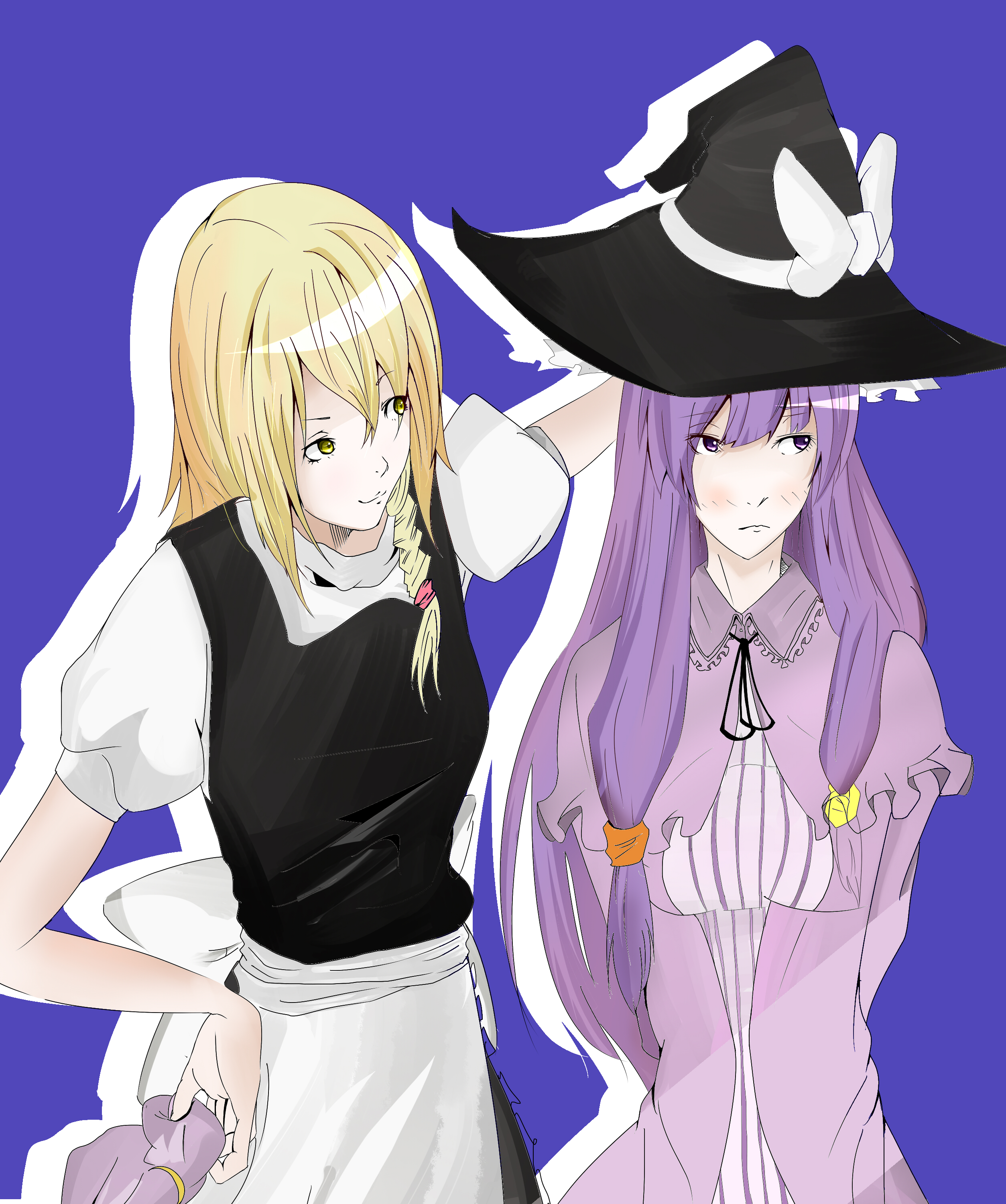 winnpusu, kirisame marisa, patchouli knowledge, touhou, absurdres, bad id, bad pixiv id, highres, 2girls, apron, blonde hair, blush, braid, capelet, female focus, hand on own hip, hat, hat ribbon, hip focus, long hair, multiple girls, purple eyes, purple hair, ribbon, short sleeves, shy, smile, unworn hat, unworn headwear, witch, witch hat, yellow eyes