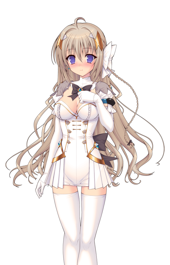 yuugure pairo, sacred claire, tierna aeride throne, genseishinki sacred virth, game cg, large variant set, non-web source, official art, variant set, 1girl, ahoge, black bow, blue eyes, blush, bow, bowtie, braid, breasts, brown hair, cleavage, dress, elbow gloves, gloves, hair bow, hair ornament, hand on own chest, jewelry, large breasts, long hair, looking at viewer, magical girl, nose blush, purple eyes, short dress, solo, standing, thighhighs, transparent background, white dress, white gloves, white thighhighs, zettai ryouiki