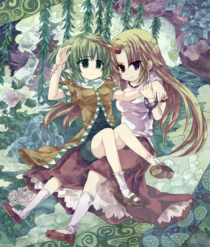 hide38, hoshiguma yuugi, mizuhashi parsee, touhou, 2girls, blonde hair, cuffs, dress, female focus, flower, green eyes, green theme, holding another's wrist, kneehighs, leaf, legs, long hair, mary janes, multiple girls, oekaki, pointy ears, shoes, short hair, short sleeves, smile, socks