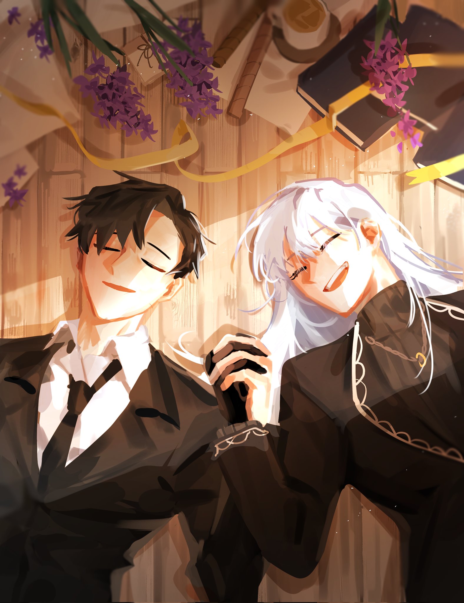 silyeogjeoha, angelica (project moon), roland (project moon), library of ruina, project moon, hashtag-only commentary, highres, 1boy, 1girl, black gloves, black jacket, black necktie, black sweater, book, closed eyes, coffee, collared shirt, flower, food, formal clothes, gloves, husband and wife, jacket, lapels, long hair, lying, necktie, on back, open mouth, plate, purple flower, ribbed sweater, shirt, silver trim, smile, suit, sweater, very long hair, wafer stick, white hair, white shirt