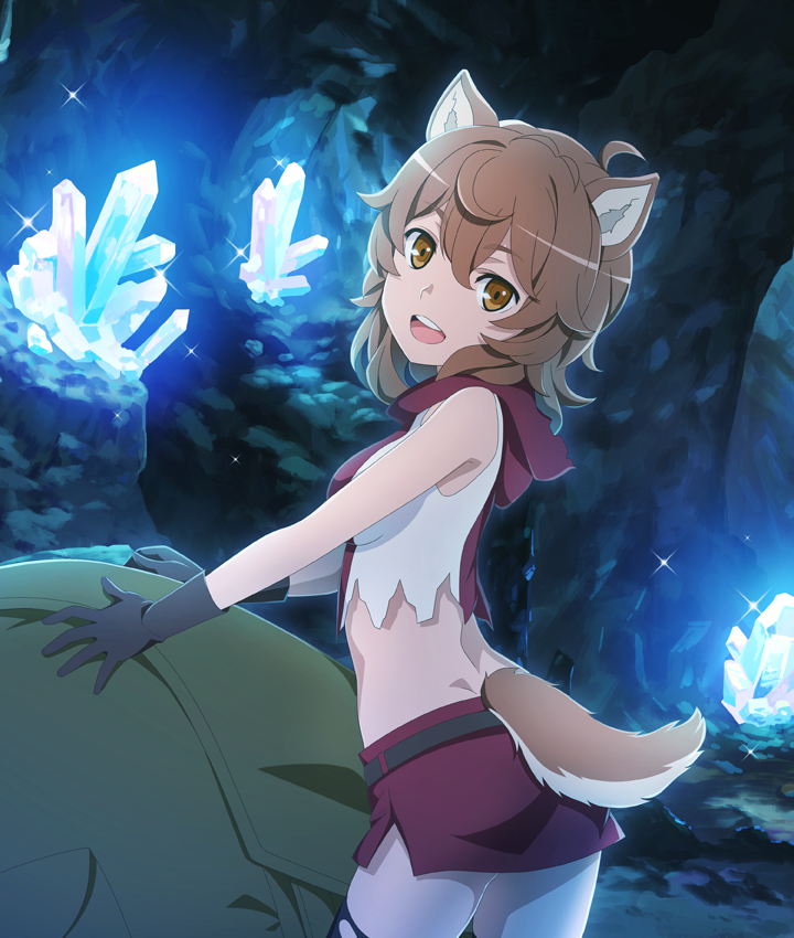 liliruca arde, dungeon ni deai wo motomeru no wa machigatteiru darou ka, toji no miko, toji no miko: kizamishi issen no tomoshibi, game cg, official art, third-party source, 1girl, :d, ahoge, animal ears, ass, backpack, bag, bare arms, bare shoulders, belt, black belt, black gloves, black thighhighs, breasts, brown eyes, brown hair, brown tail, cave, cowboy shot, crystal, dimples of venus, double-parted bangs, from side, gloves, green bag, hood, hood down, hooded shirt, looking at viewer, looking to the side, medium breasts, midriff, miniskirt, open mouth, red shirt, red skirt, shirt, short hair, side slit, skirt, smile, solo, sparkle, teeth, thighhighs, torn clothes, torn thighhighs, two-tone shirt, upper teeth only, white shirt