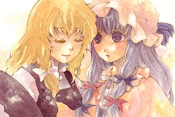 shiroma (mamiko), kirisame marisa, patchouli knowledge, touhou, bad id, bad pixiv id, painting (medium), traditional media, watercolor (medium), 2girls, blonde hair, braid, capelet, closed eyes, colored eyelashes, eyelashes, female focus, hat, lips, long hair, multiple girls, purple eyes, purple hair, ribbon, smile, unworn hat, unworn headwear, wavy hair