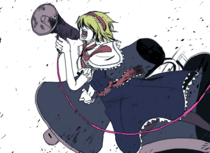 toromin, alice margatroid, koi wa sensou (vocaloid), touhou, vocaloid, bad id, bad pixiv id, 1girl, blonde hair, capelet, dress, female focus, flat color, hairband, holding, megaphone, necktie, open mouth, pale skin, pantyhose, parody, short hair, short sleeves, shouting, solo, white background