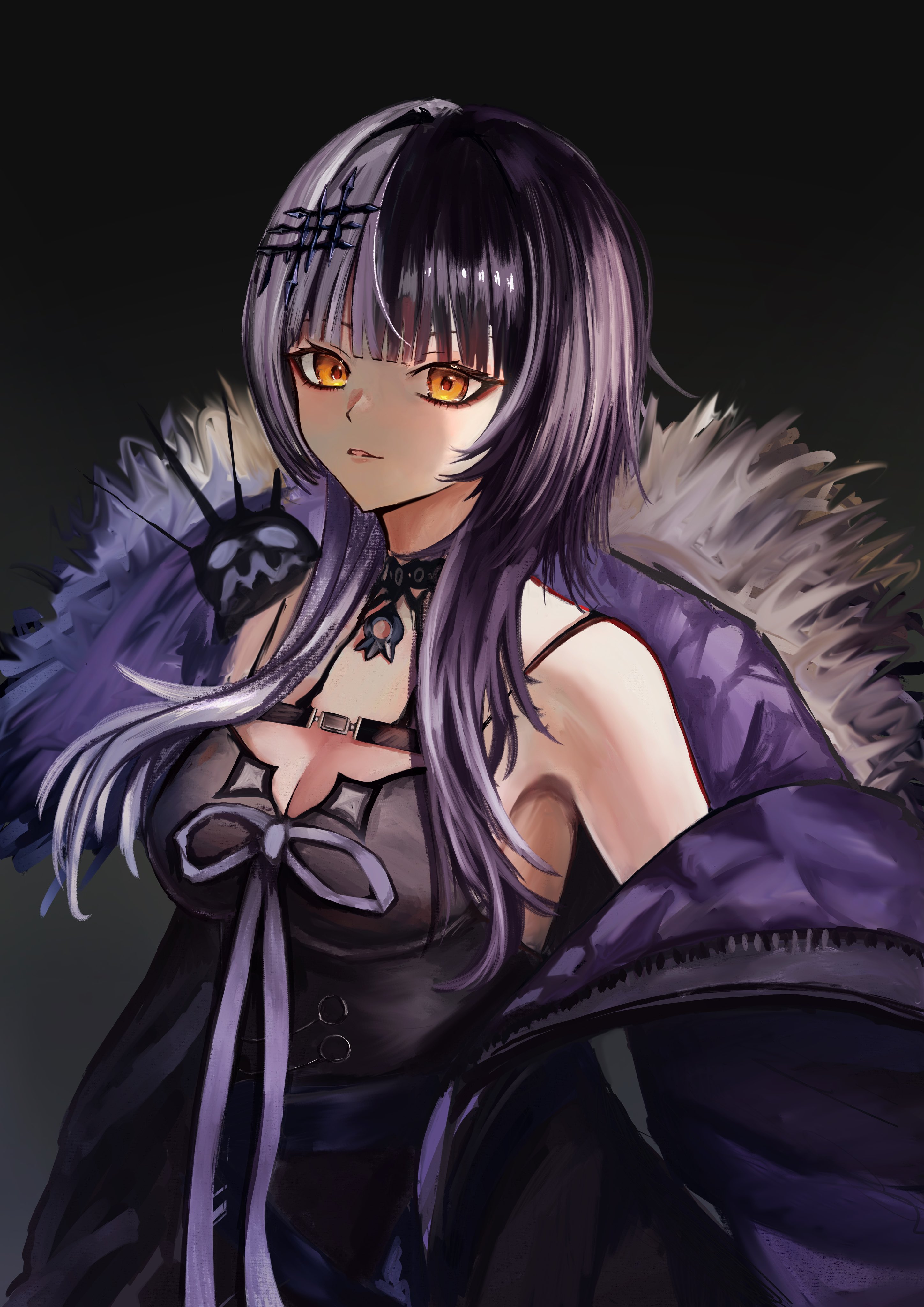 xx batten xx, shiori novella, shiori novella (1st costume), yorick (shiori novella), hololive, hololive english, absurdres, hashtag-only commentary, highres, 1girl, belt, black background, black belt, black choker, black coat, black dress, black hair, blunt bangs, breasts, chest belt, choker, coat, dress, fur-trimmed coat, fur trim, gradient background, grey background, grey hair, hair ornament, large breasts, long hair, looking at viewer, multicolored hair, off shoulder, open clothes, open coat, parted lips, pendant choker, sleeveless, sleeveless dress, solo, split-color hair, two-tone hair, upper body, virtual youtuber, yellow eyes