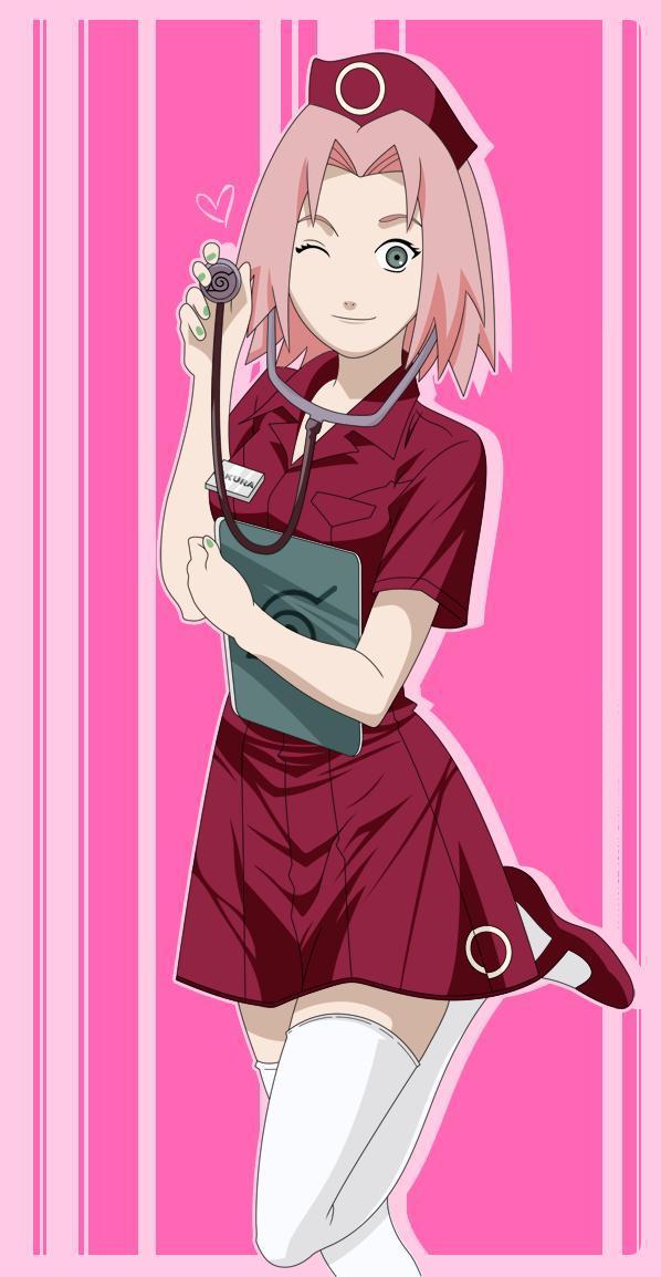yue-tsuki-chan, haruno sakura, naruto (classic), naruto (series), white legwear, clipboard, green eyes, hat, name tag, nurse, nurse cap, one eye closed, pink hair, short hair, smile, standing, standing on one leg, stethoscope, thighhighs, wink, zettai ryouiki