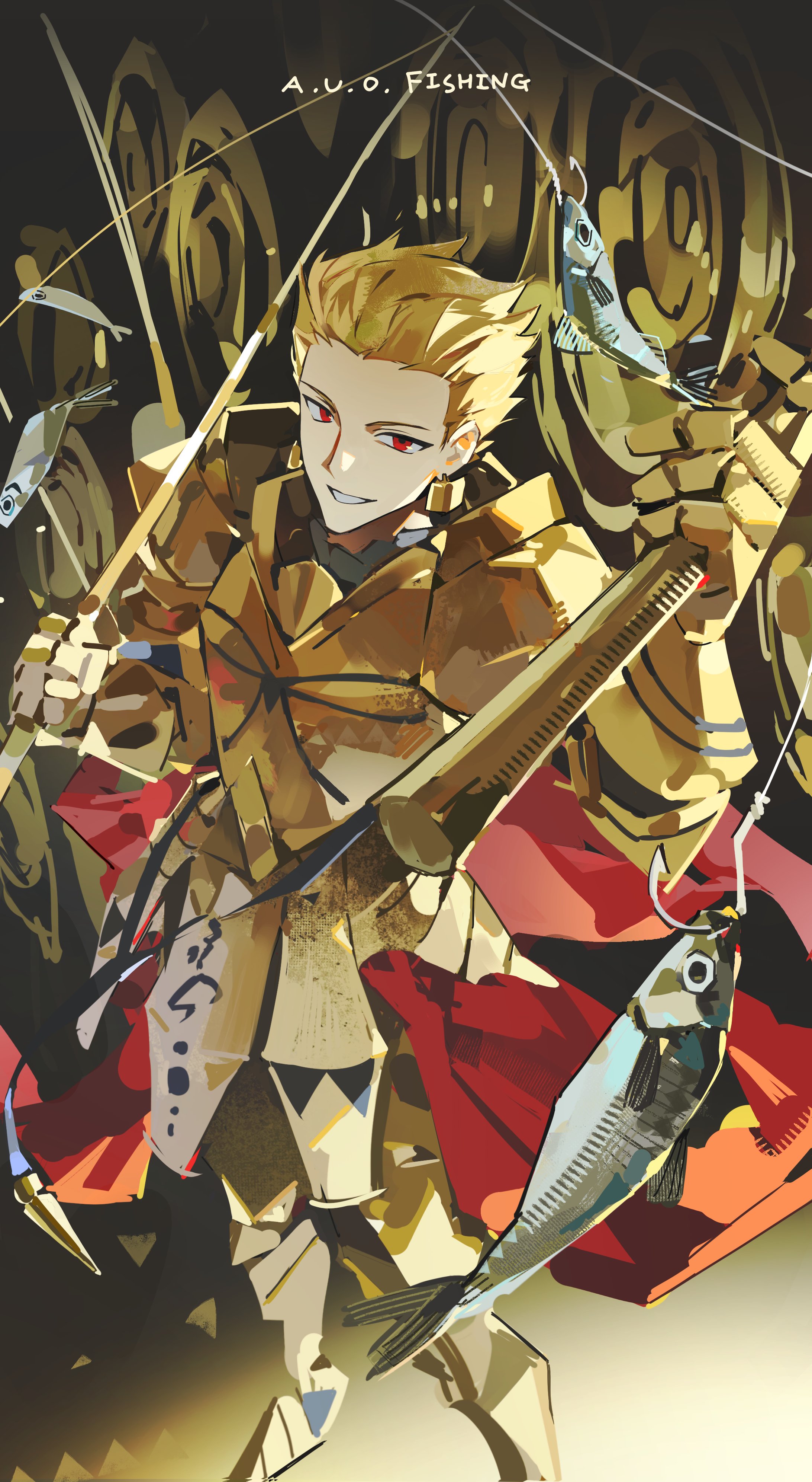gilgamesh (fate), fate/grand order, fate (series), absurdres, commentary, highres, symbol-only commentary, 1boy, armor, armored boots, armored skirt, blonde hair, boots, cape, cupping hand, earrings, fish, fishing rod, full armor, full body, gate of babylon (fate), gauntlets, gold armor, gold earrings, gom door7, jewelry, male focus, red cape, red eyes, short hair, shoulder armor, smile, solo, spiked hair, waist cape