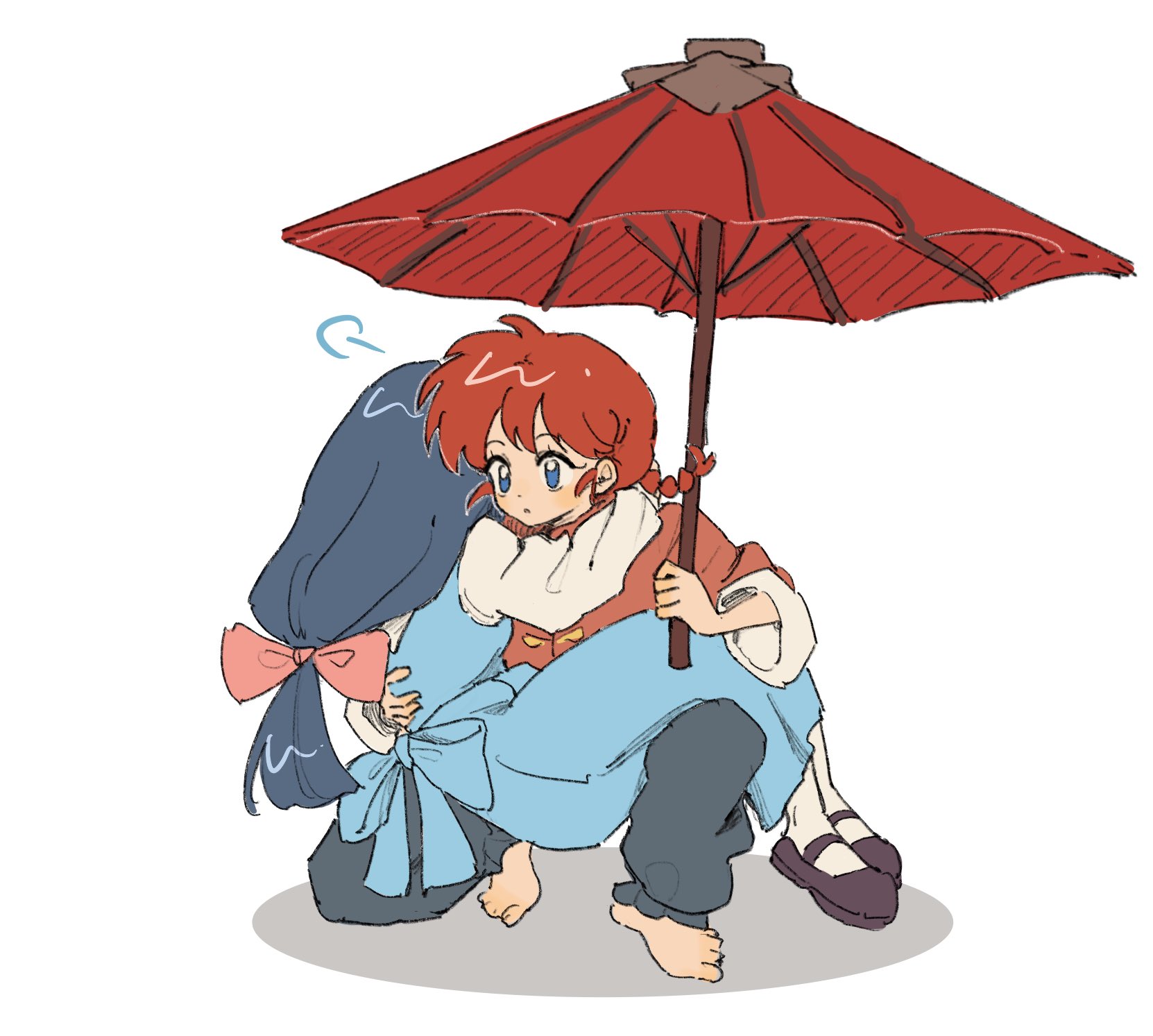 danhuangcucu, ranma-chan, ranma 1/2, highres, 1girl, barefoot, blue eyes, blue hair, blush, bow, braid, braided ponytail, fuurinkan high school uniform, hair bow, long hair, open mouth, red hair, scene reference, school uniform, socks, white socks