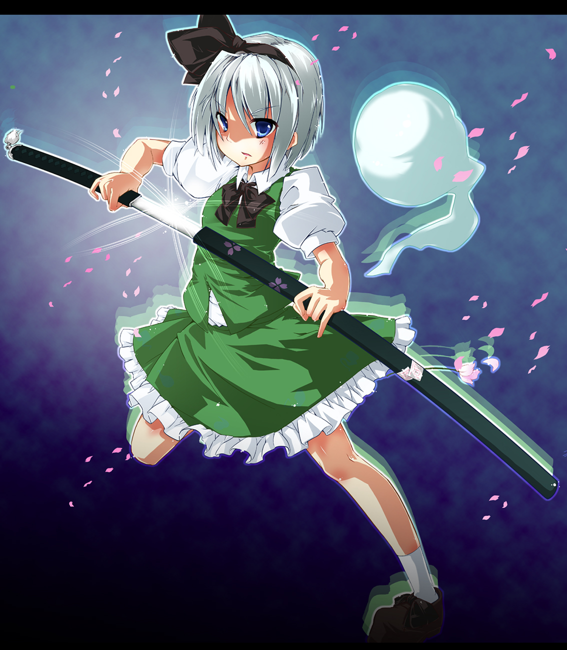 harii, harry (namayake), konpaku youmu, konpaku youmu (ghost), touhou, silver hair, bad id, bad pixiv id, highres, 1girl, blue eyes, female focus, ghost, hairband, katana, sheath, short hair, solo, sword, unsheathing, weapon