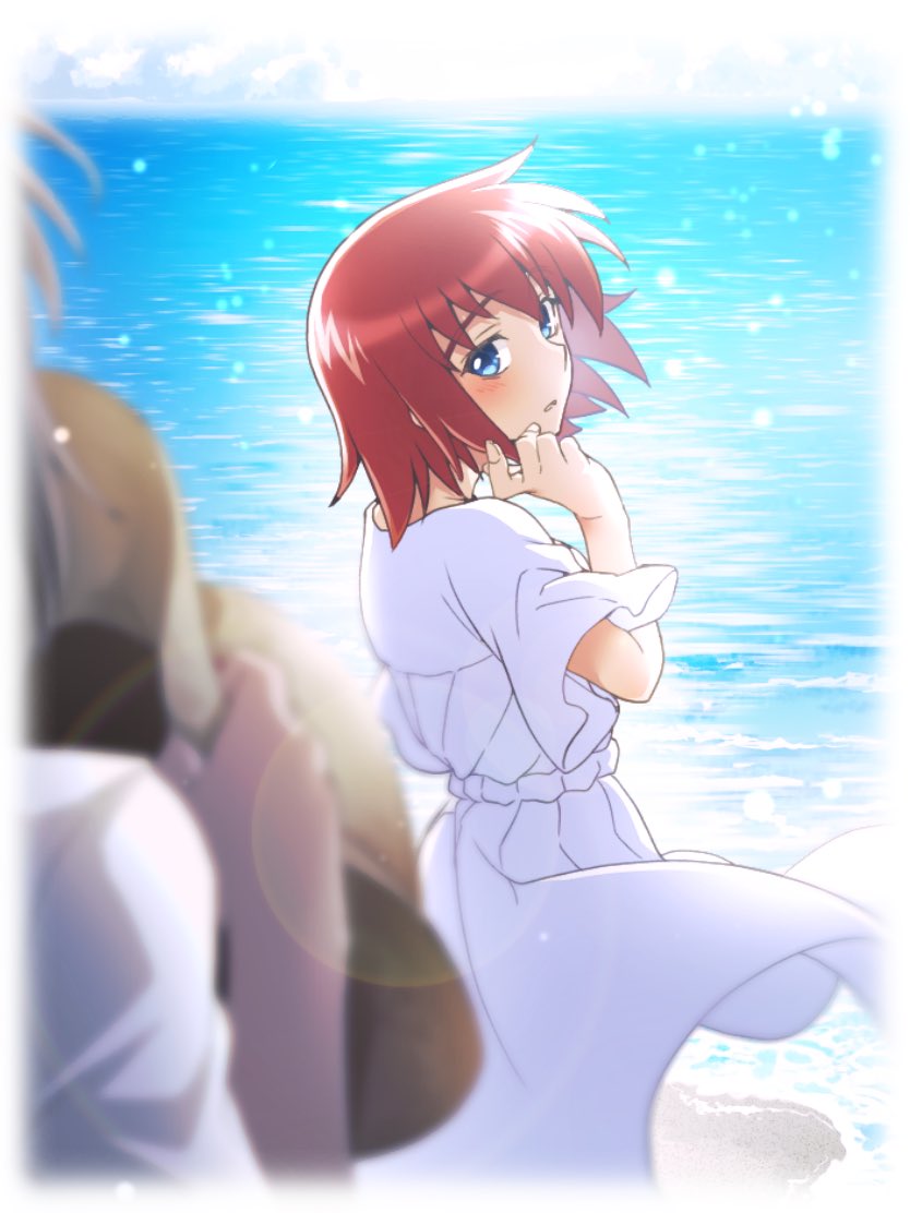 nagi (exsit00), canon memphis, soukyuu no fafner, commentary request, 2girls, blue eyes, blurry, depth of field, dress, dual persona, hat, lens flare, light particles, looking at viewer, multiple girls, ocean, orange hair, short hair, short sleeves, sun hat, white dress