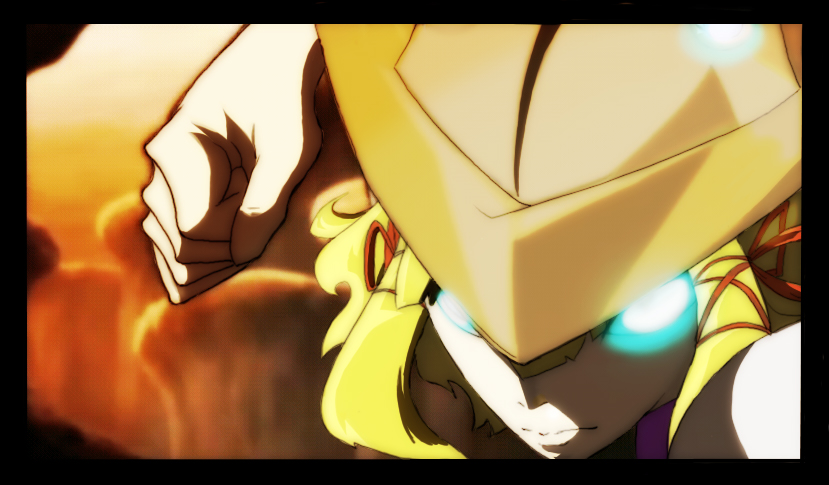 furiburu, casshern, moriya suwako, casshern (series), casshern sins, touhou, bad id, bad pixiv id, 1girl, blonde hair, clenched hand, close-up, female focus, foreshortening, glowing, glowing eyes, hat, helmet, outdoors, parody, short hair, sky, solo