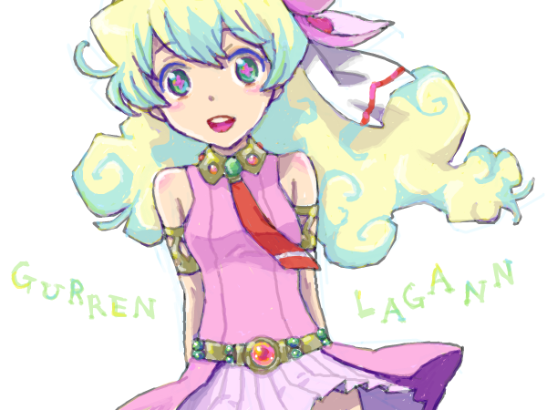 saikachi (ogre tree), nia teppelin, tengen toppa gurren lagann, gold armlet, bad drawr id, bad id, 1girl, :d, aqua eyes, armlet, bare shoulders, belt, blonde hair, blue hair, copyright name, cross-shaped pupils, double-parted bangs, gold belt, jewelry, long hair, multicolored hair, necktie, open mouth, pink pupils, red necktie, round teeth, smile, solo, square-end necktie, symbol-shaped pupils, teeth, two-tone hair, upper teeth only