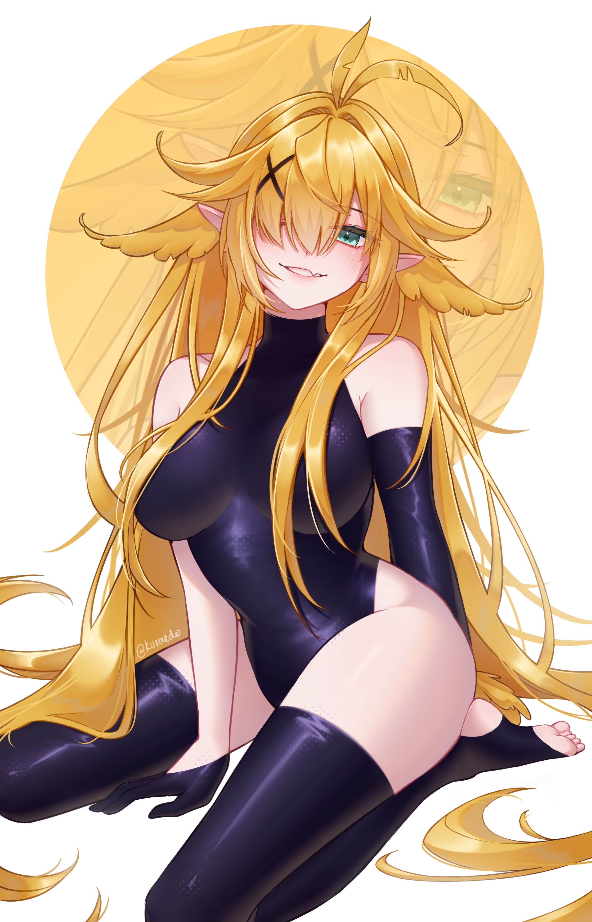 kuraedo, dokibird, indie virtual youtuber, absurdres, commentary, highres, symbol-only commentary, ahoge, blonde hair, breasts, fang, full body, green eyes, hair over one eye, leotard, long hair, looking at viewer, medium breasts, pointy ears, skin fang, thighhighs, toeless legwear, very long hair, virtual youtuber