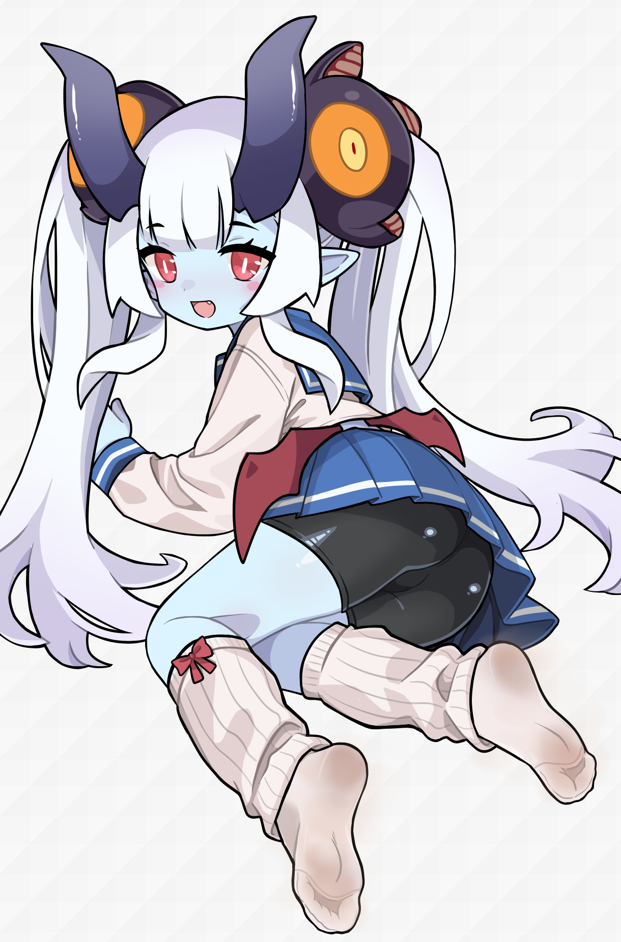 mwm5, arum (world flipper), world flipper, commentary request, highres, 1girl, ass, blue skin, blue skirt, colored skin, fang, full body, horns, long hair, looking at viewer, looking back, low wings, open mouth, pleated skirt, pointy ears, red eyes, red wings, skirt, solo, twintails, wings