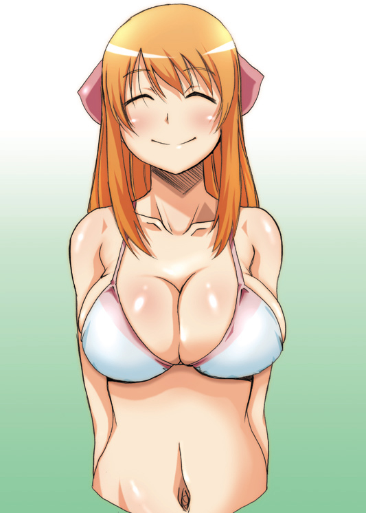 hirokawa kouichirou, yamamoto nanako, hanamaru youchien, 1girl, ^ ^, bikini, blush, breasts, cleavage, closed eyes, female focus, hair ribbon, large breasts, long hair, navel, orange hair, ribbon, sideboob, smile, solo, swimsuit