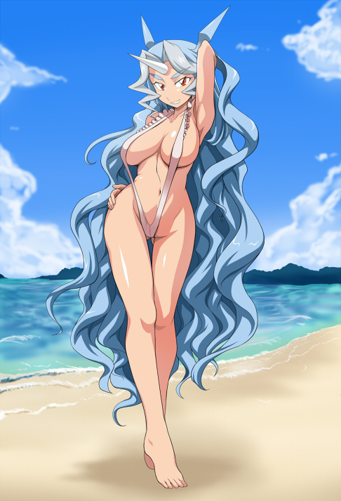 jouwan, cloyster, nintendo, pokemon, 1girl, barefoot, beach, blue hair, breasts, cleavage, day, female focus, gen 1 pokemon, hand on own hip, hip focus, horns, large breasts, long hair, personification, slingshot swimsuit, solo, swimsuit, thigh gap, thighs, very long hair, wavy hair