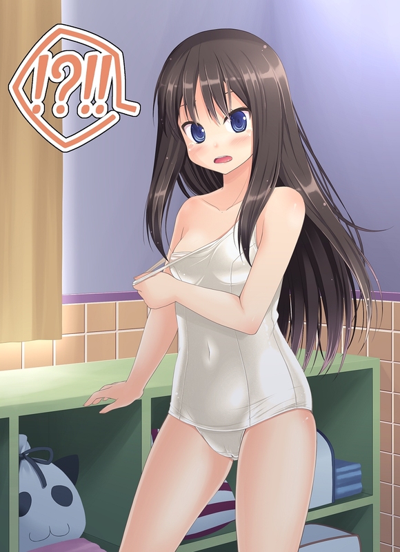 amamiya minato, tsuchida satsuki, hanamaru youchien, bad id, bad pixiv id, 1girl, black hair, blue eyes, blush, clothes pull, female focus, long hair, one-piece swimsuit, one-piece swimsuit pull, pulling own clothes, school swimsuit, solo, strap pull, swimsuit, white one-piece swimsuit, white school swimsuit