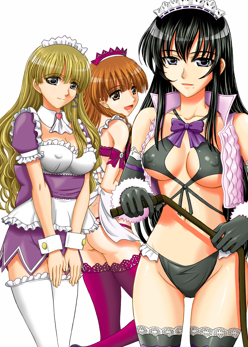 inanaki shiki, anegasaki tae, osakabe itoko, sasakura youko, school rumble, white legwear, highres, 00s, 3girls, alternate costume, ass, black eyes, black hair, blonde hair, bottomless, breasts, brown eyes, brown hair, cleavage, covered erect nipples, enmaided, gloves, large breasts, long hair, looking at viewer, looking back, maid, mole, multiple girls, no panties, orange hair, school nurse, simple background, teacher, thighhighs, whip, white background