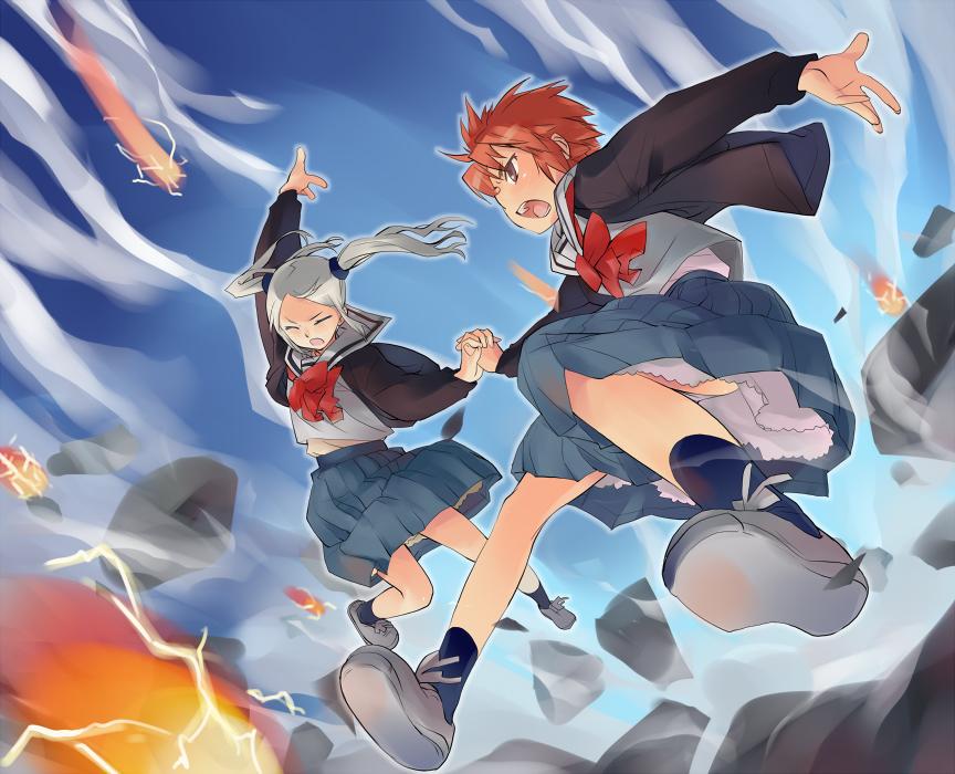 koma (qqq111), hoshikawa subaru (samidare), tsukishiro yukimachi, hoshi no samidare, bad id, bad pixiv id, 2girls, brown eyes, brown hair, multiple girls, school uniform, serafuku, twintails, white hair