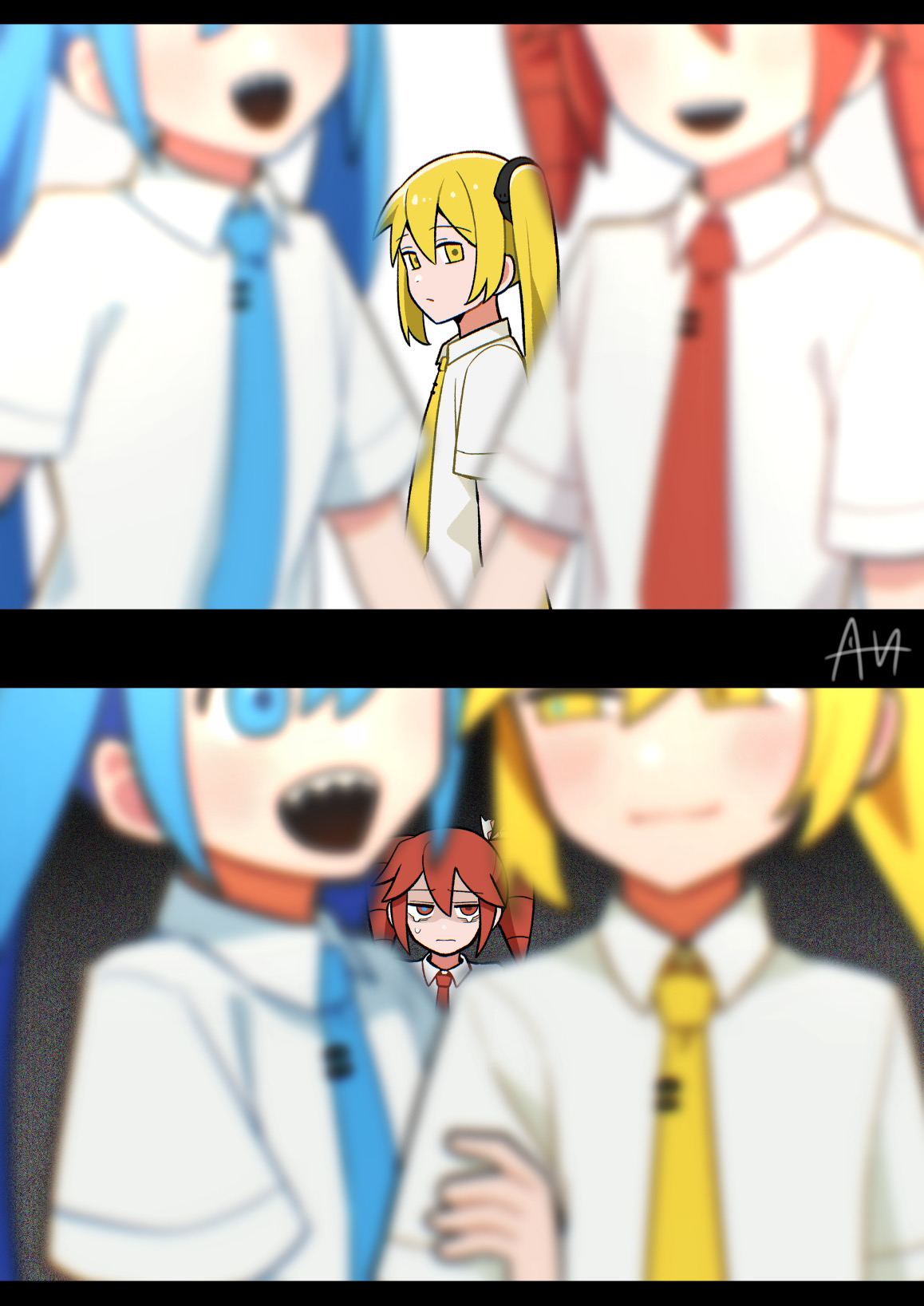 sato (r017xts117), akita neru, hatsune miku, kasane teto, triple baka (vocaloid), utau, vocaloid, commentary request, highres, baumkuchen endroll (vocaloid), blonde hair, blue eyes, blue hair, blue necktie, blurry, blurry foreground, collared shirt, drill hair, necktie, open mouth, red hair, red necktie, sharp teeth, shirt, short sleeves, side ponytail, signature, smile, tears, teeth, twin drills, twintails, upper body, white shirt, yellow eyes, yellow necktie
