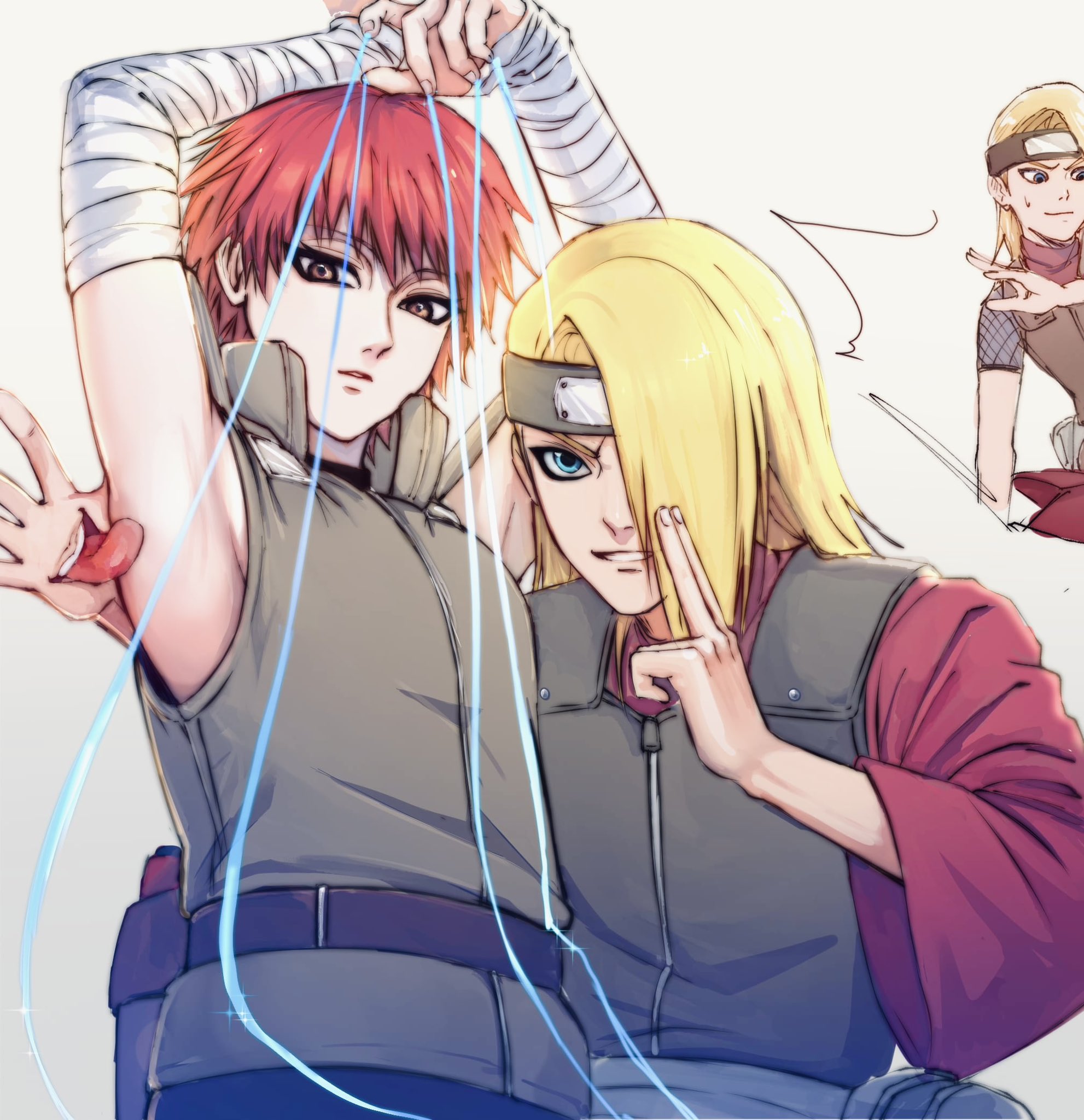 deidara (naruto), sasori (naruto), naruto (series), naruto shippuuden, commentary, highres, symbol-only commentary, 2boys, asymmetrical bangs, asymmetrical clothes, bandaged arm, bandages, belt, blue eyes, extra mouth, eyeliner, fanny pack, fishnet top, fishnets, forehead protector, hair over one eye, kxnitinx, long hair, looking at viewer, makeup, male focus, multiple boys, red eyes, red hair, short hair, simple background, sweatdrop, vest, white background