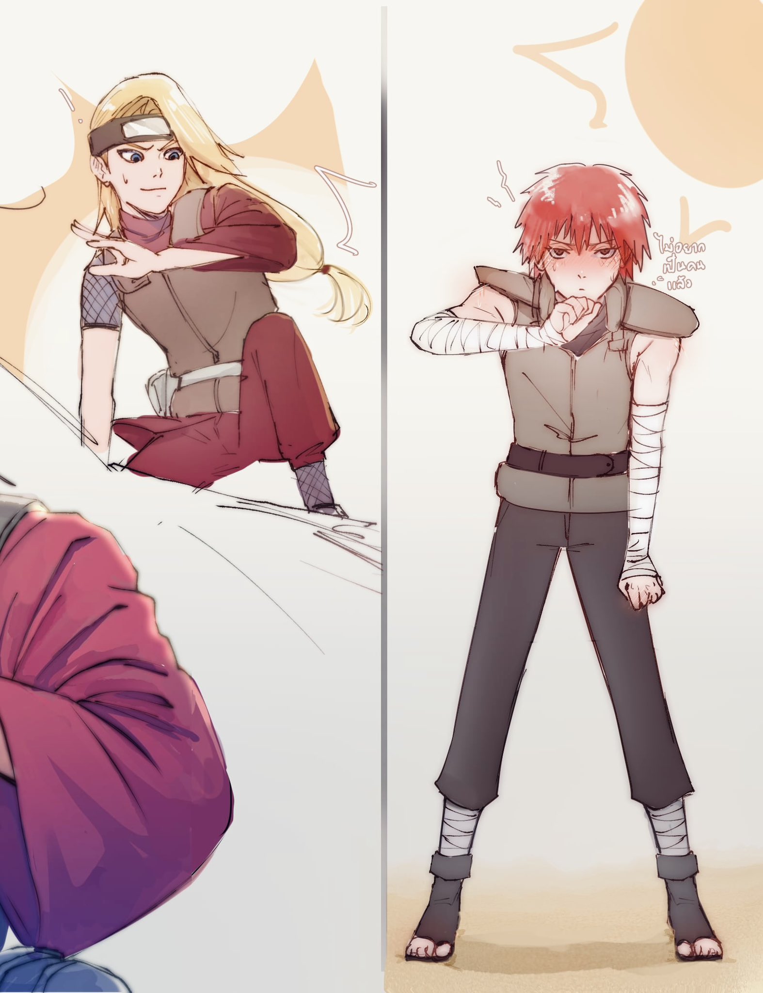 deidara (naruto), sasori (naruto), naruto (series), naruto shippuuden, commentary, highres, symbol-only commentary, 2boys, asymmetrical bangs, asymmetrical clothes, bandaged arm, bandaged leg, bandages, belt, blue eyes, blush, extra mouth, eyeliner, fanny pack, fishnet top, fishnets, forehead protector, hair over one eye, hot, kxnitinx, long hair, looking at another, looking at viewer, makeup, multiple boys, red eyes, red hair, sandals, short hair, shoulder pads, sketch, sun, sweat, vest