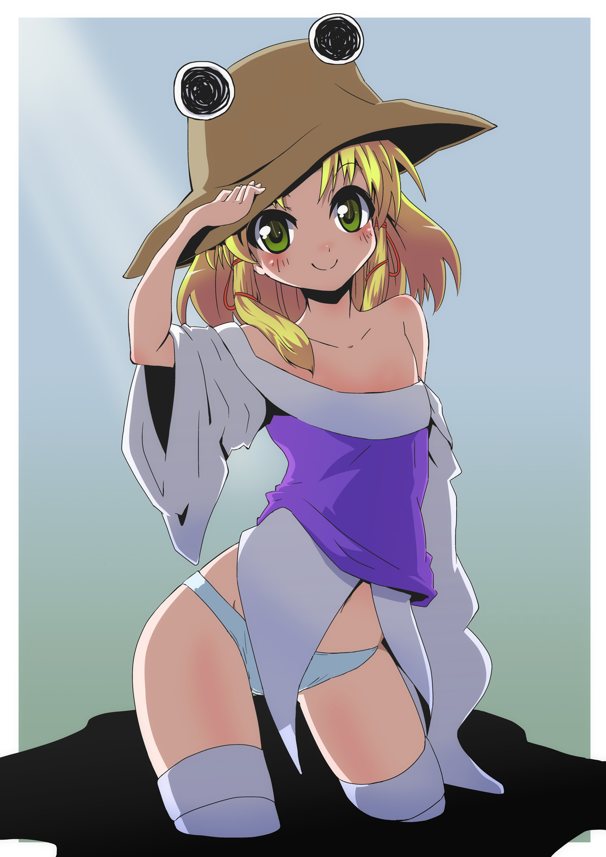 ueno, moriya suwako, touhou, bad id, bad pixiv id, highres, 1girl, blonde hair, female focus, flat chest, green eyes, hat, off shoulder, panties, short hair, smile, solo, thighhighs, underwear