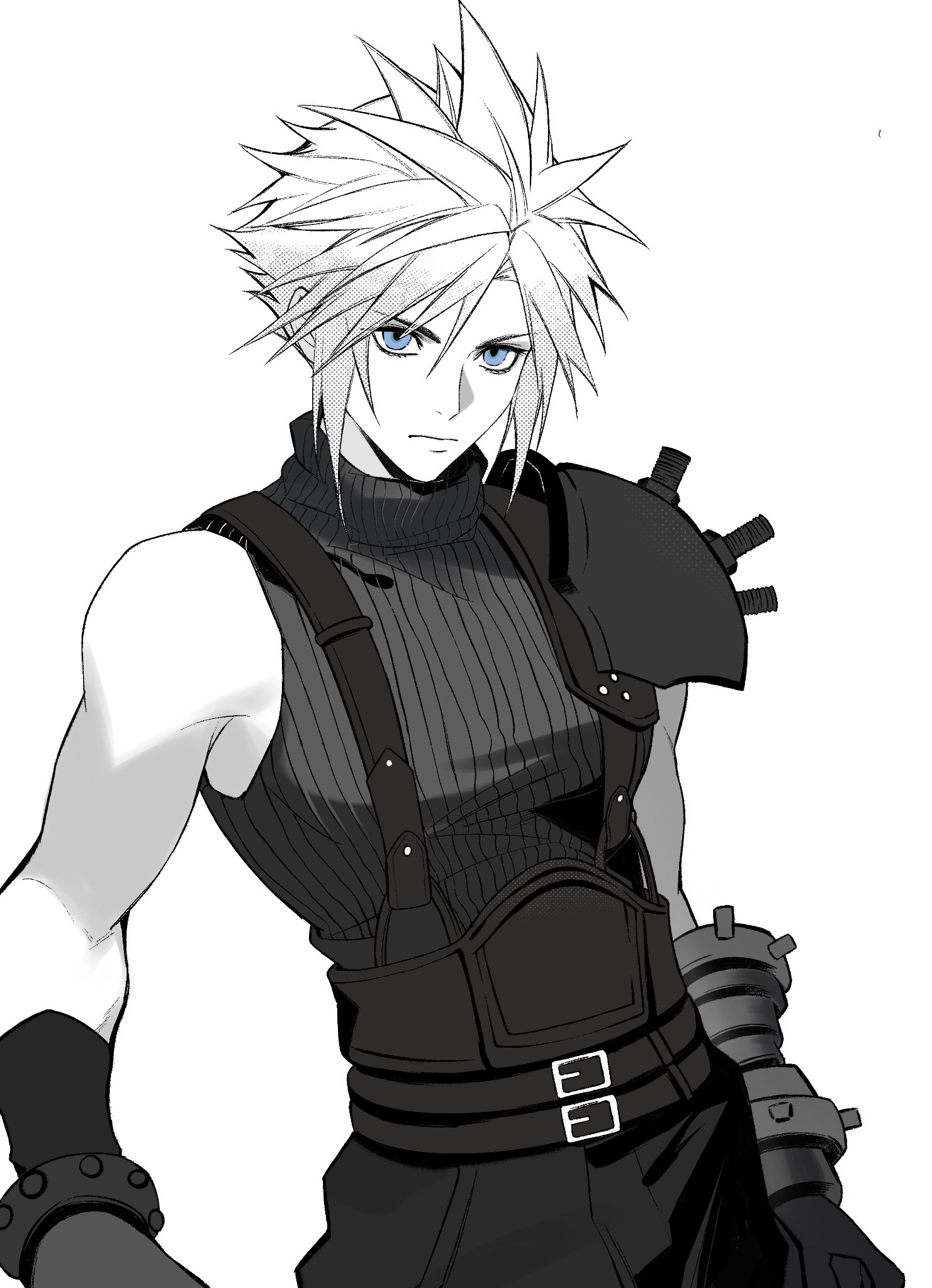 cloud strife, final fantasy, final fantasy vii, final fantasy vii remake, commentary request, highres, 1boy, armor, belt, belt buckle, blue eyes, buckle, closed mouth, enc an, gloves, greyscale, hair between eyes, looking at viewer, male focus, monochrome, multiple belts, short hair, shoulder armor, single bare shoulder, sleeveless, sleeveless turtleneck, solo, spiked hair, spot color, suspenders, sweater, turtleneck, turtleneck sweater, upper body, white background