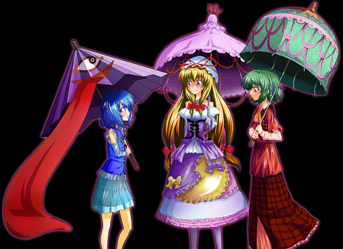 u.sa, kazami yuuka, tatara kogasa, yakumo yukari, touhou, 3girls, ascot, bare shoulders, black background, blonde hair, blue hair, detached sleeves, dress, female focus, green hair, hat, hat ribbon, karakasa obake, long hair, multiple girls, pantyhose, parasol, parody, plaid clothes, plaid vest, profile, ribbon, short hair, simple background, skirt, smile, style parody, tongue, trait connection, umbrella, unmoving pattern, vest