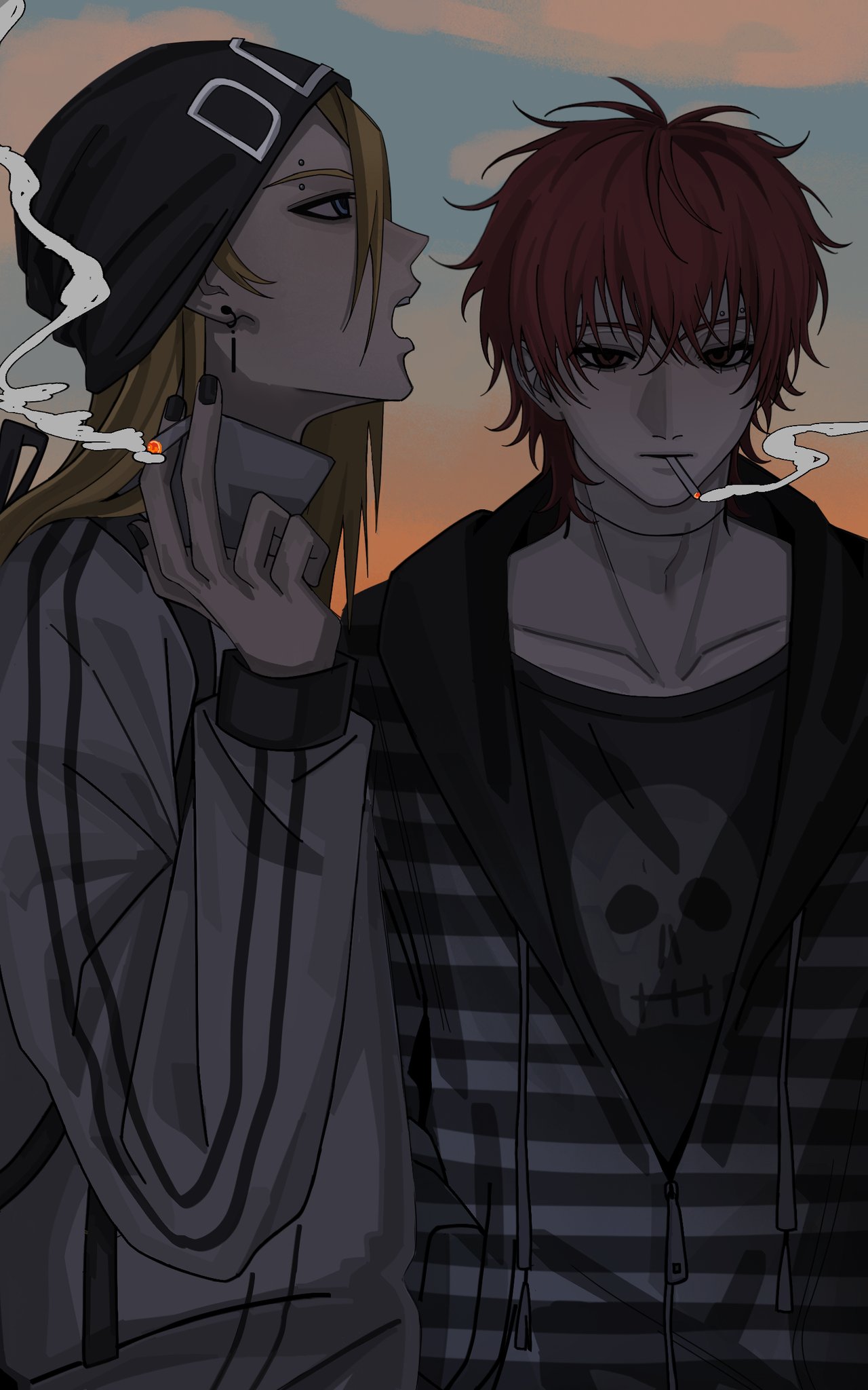 deidara (naruto), sasori (naruto), naruto (series), naruto shippuuden, highres, 2boys, alternate costume, asymmetrical bangs, beanie, black nails, blonde hair, blue eyes, cigarette, closed mouth, earrings, evening, expressionless, eyebrow piercing, eyeliner, face piercing, hat, hood, hoodie, jacket, jewelry, looking down, looking to the side, makeup, male focus, medium hair, multiple boys, open mouth, piercing, red eyes, red hair, shiwanyuan, short hair, sky, smoke, striped clothes, striped hoodie, striped jacket, sunset