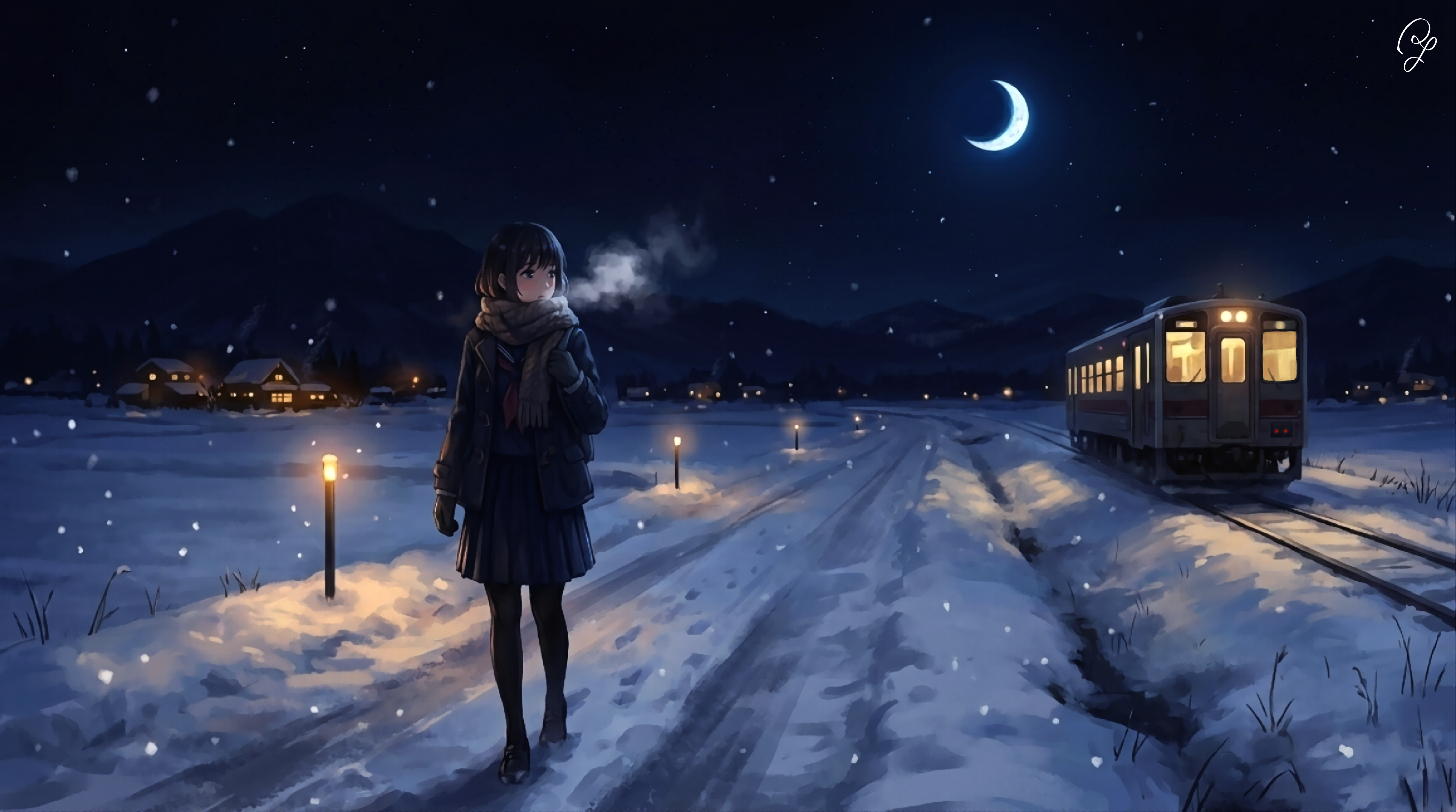 original, absurdres, commentary request, highres, 1girl, black eyes, black gloves, black hair, black pantyhose, breath, brown scarf, crescent moon, gloves, looking to the side, medium hair, moon, mountainous horizon, multiple unit train, night, pantyhose, pleated skirt, railroad tracks, scarf, scenery, school uniform, serafuku, signature, skirt, sky, snow, snowing, star (sky), starry sky, train, walking, willta, winter, winter uniform