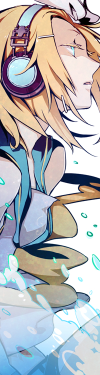 genmai, kagamine rin, vocaloid, 1girl, aqua eyes, blonde hair, female focus, hair ornament, hair ribbon, hairclip, headphones, ribbon, short hair, solo, water, white background