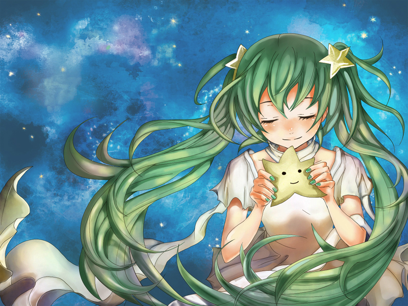 keepout, soramu, hatsune miku, vocaloid, bad id, bad pixiv id, 1girl, aqua eyes, aqua hair, closed eyes, female focus, long hair, sky, smile, solo, star (sky), star (symbol), starry sky, twintails, very long hair