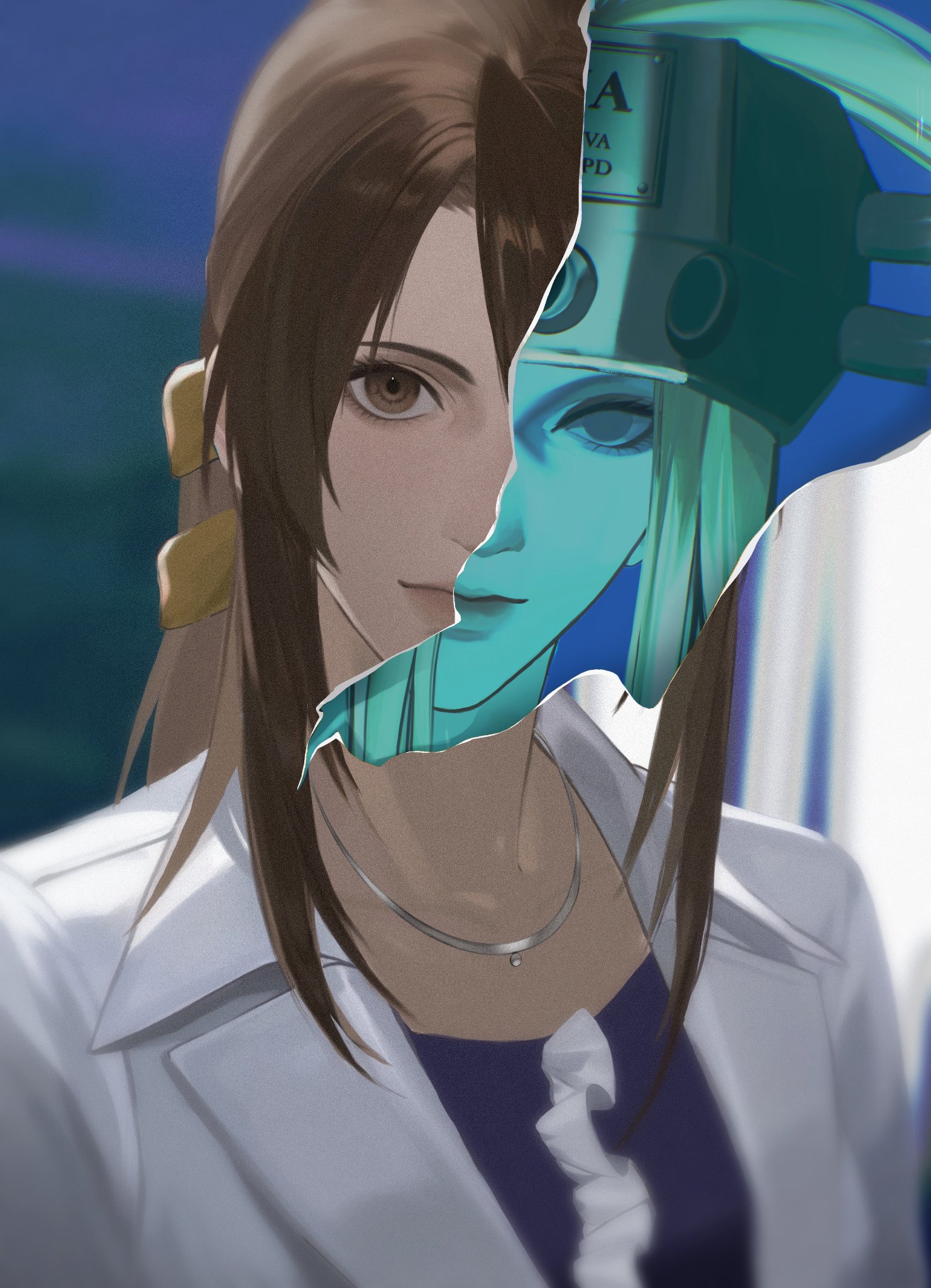 jenova, lucrecia crescent, final fantasy, final fantasy vii, commentary, commentary request, english commentary, highres, mixed-language commentary, 2girls, alien, brown eyes, brown hair, closed mouth, coat, enc an, hair ribbon, helmet, jewelry, lab coat, lips, long hair, looking at viewer, multiple girls, necklace, parted bangs, purple shirt, revealing layer, ribbon, shirt, upper body, white coat, yellow ribbon