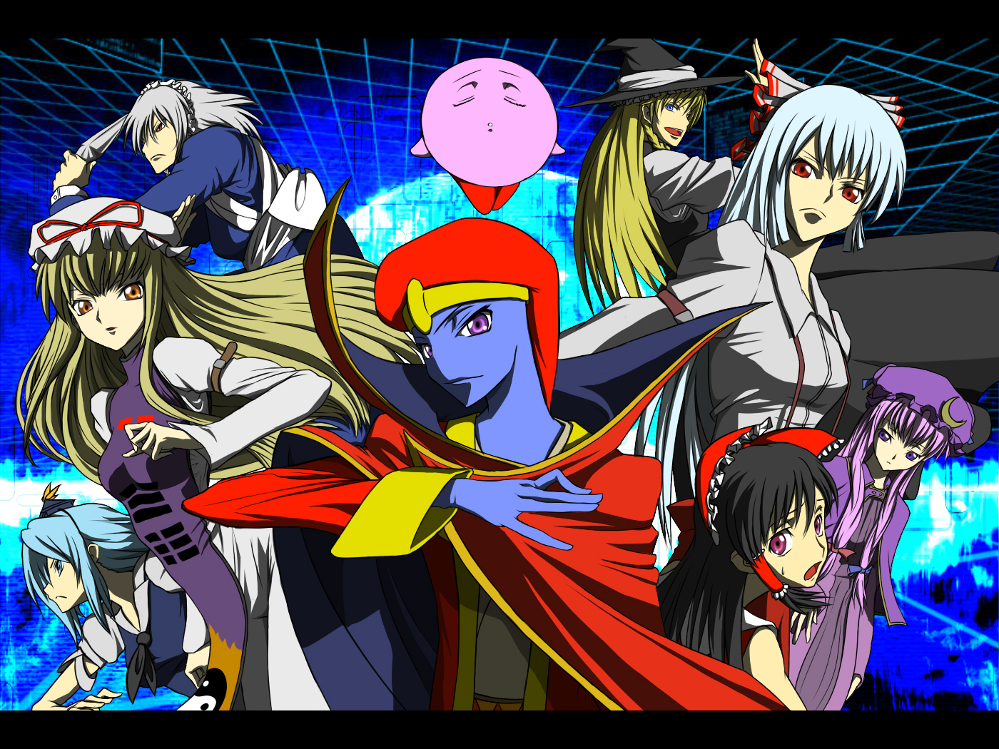 radia, fujiwara no mokou, hakurei reimu, izayoi sakuya, kamishirasawa keine, king dedede, kirby, kirisame marisa, patchouli knowledge, yakumo yukari, code geass, kirby (series), original, touhou, 1boy, 6+girls, black hair, blonde hair, blue hair, closed eyes, crossover, hair ribbon, hat, hat ribbon, knife, long hair, long sleeves, looking back, maid headdress, multiple crossover, multiple girls, open mouth, orange eyes, parody, profile, purple eyes, red eyes, ribbon, serious, short hair, style parody, suspenders, throwing knife, turtleneck, weapon, witch, witch hat, yin yang