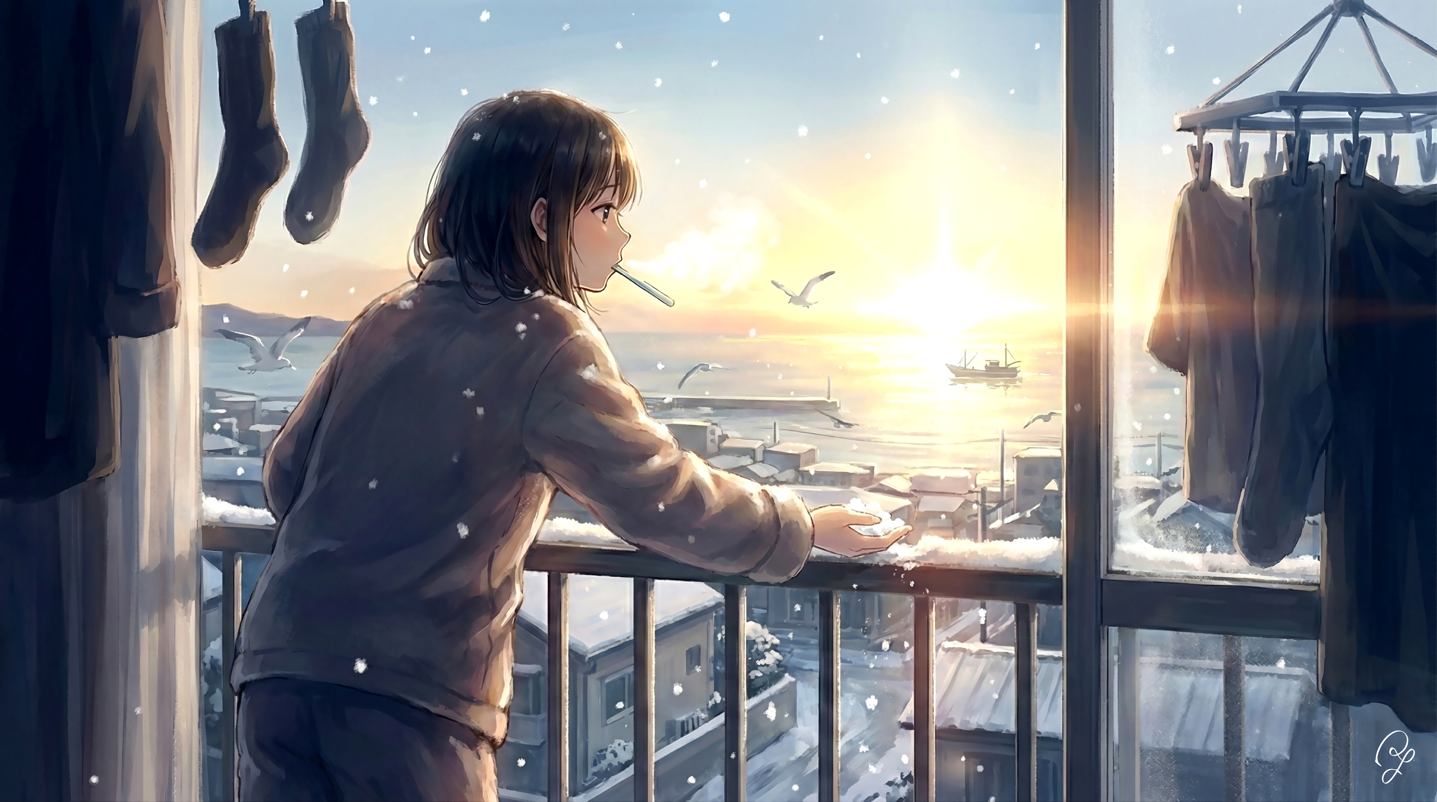 original, absurdres, commentary request, highres, 1girl, bird, black eyes, black hair, cityscape, drying, drying clothes, laundry, ocean, open window, scenery, seagull, ship, signature, snow, snow in hand, snowing, solo, standing, sunrise, toothbrush, toothbrush in mouth, watercraft, willta, window